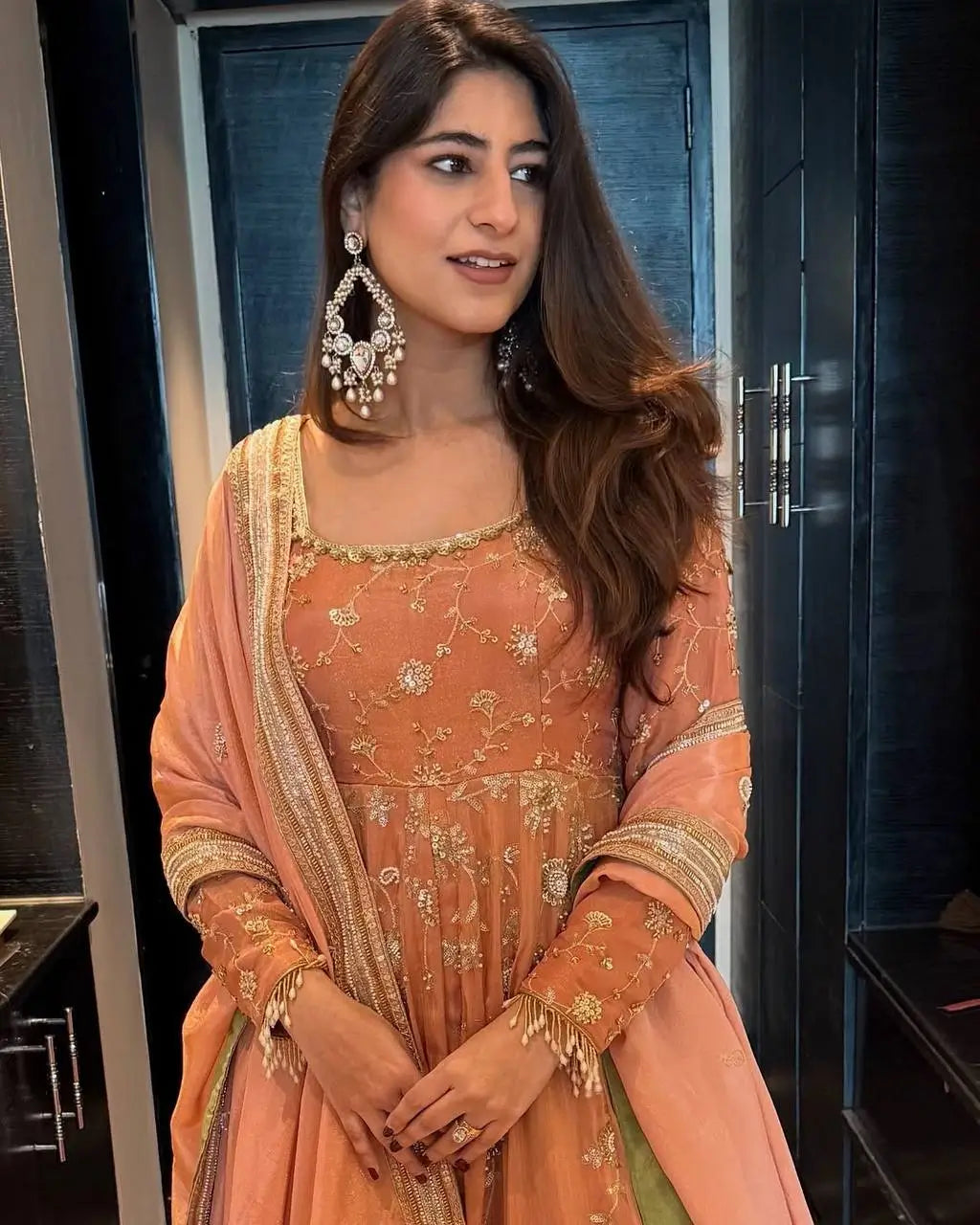 Chinon Silk Embroidered Gown Lehenga Set