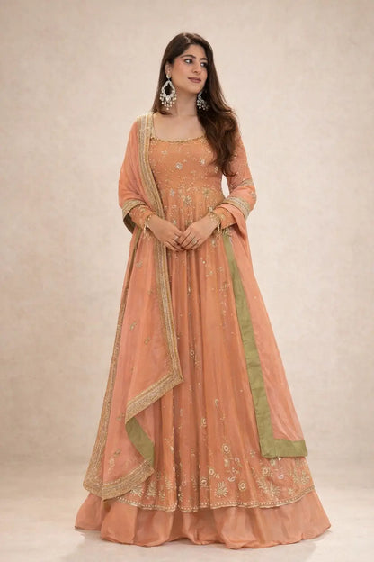 Chinon Silk Embroidered Gown Lehenga Set