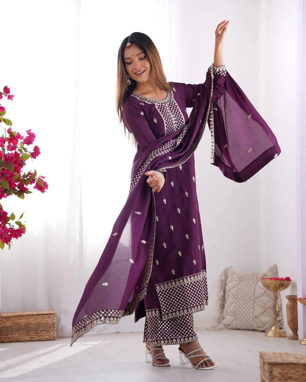 Chinon Silk Embroidered Kurta Set with Dupatta & Pant – Sequins and Jari Work