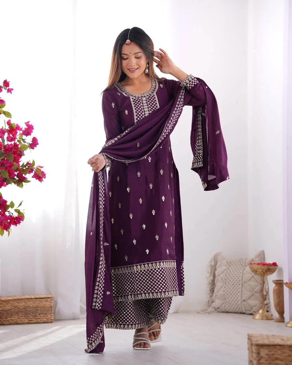 Chinon Silk Embroidered Kurta Set with Dupatta & Pant – Sequins and Jari Work