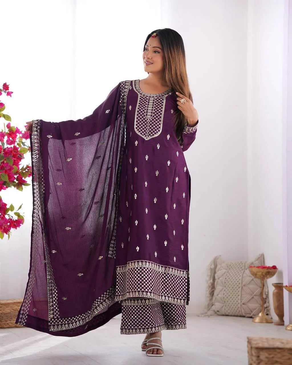 Chinon Silk Embroidered Kurta Set with Dupatta & Pant – Sequins and Jari Work