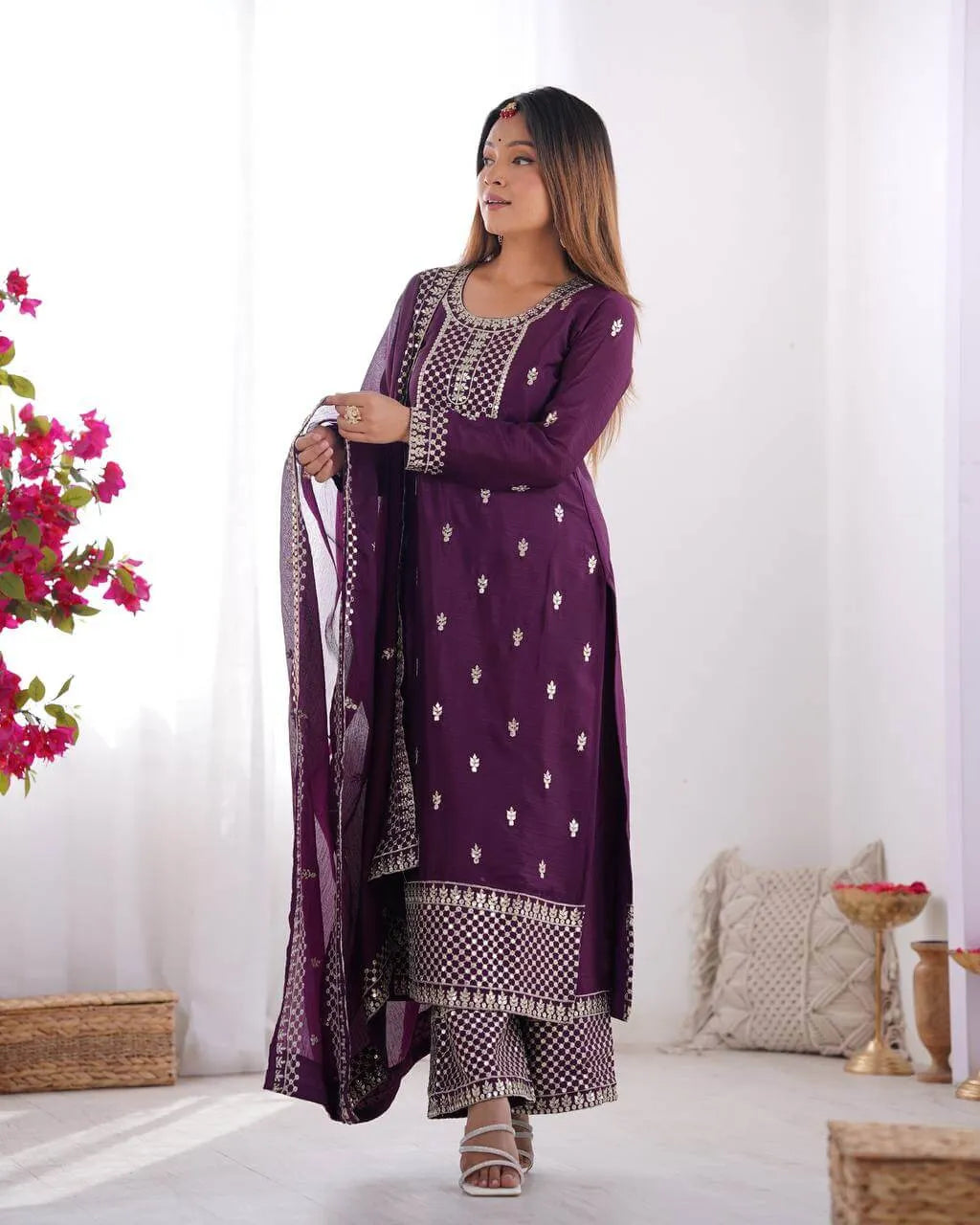 Chinon Silk Embroidered Kurta Set with Dupatta & Pant – Sequins and Jari Work