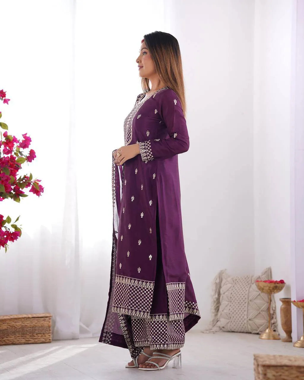 Chinon Silk Embroidered Kurta Set with Dupatta & Pant – Sequins and Jari Work