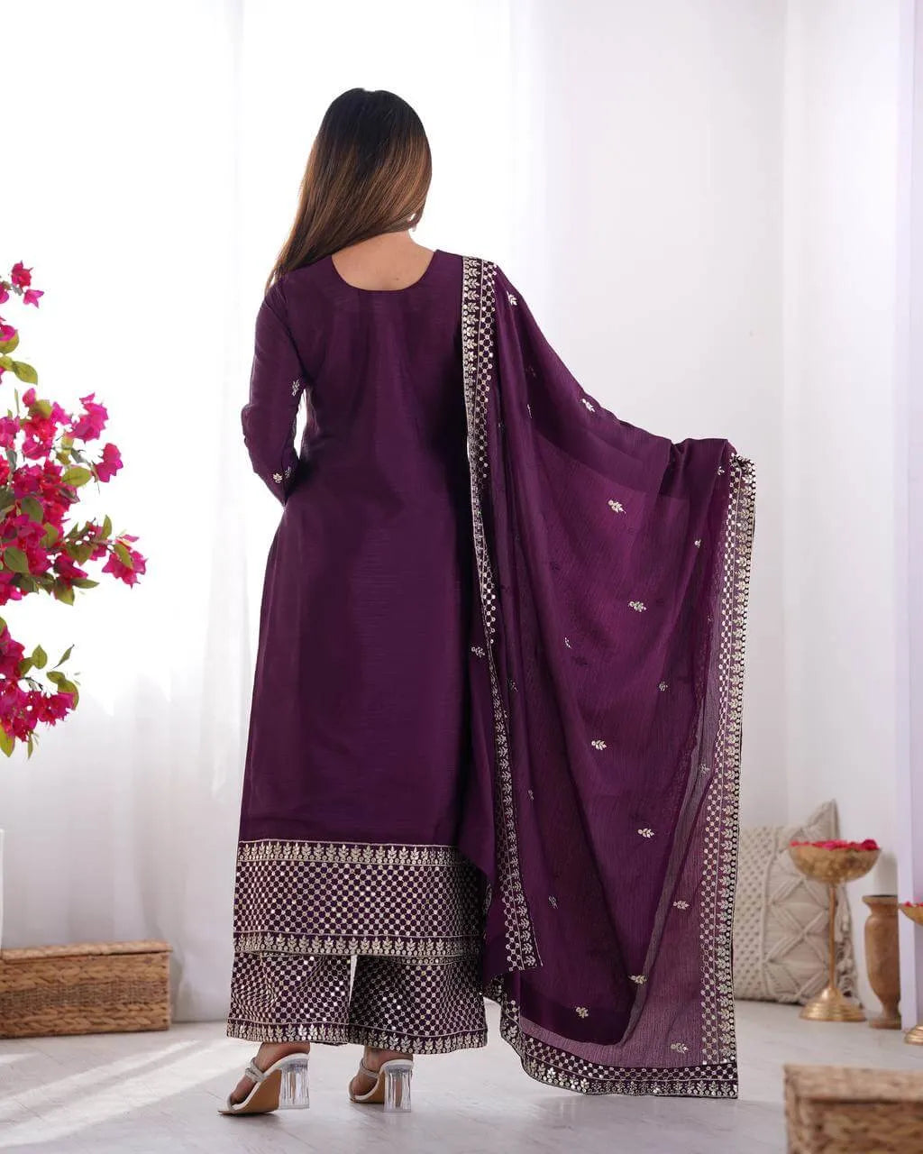 Chinon Silk Embroidered Kurta Set with Dupatta & Pant – Sequins and Jari Work