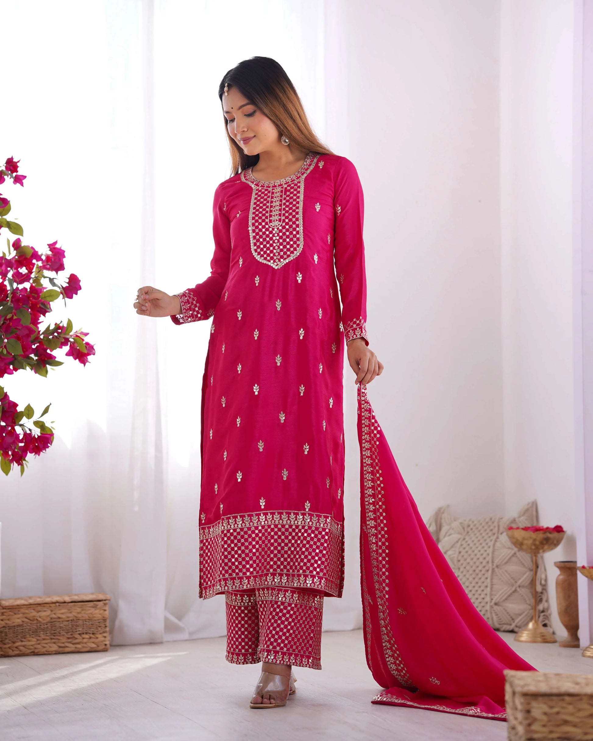 Chinon Silk Embroidered Kurta Set with Dupatta & Pant – Sequins and Jari Work