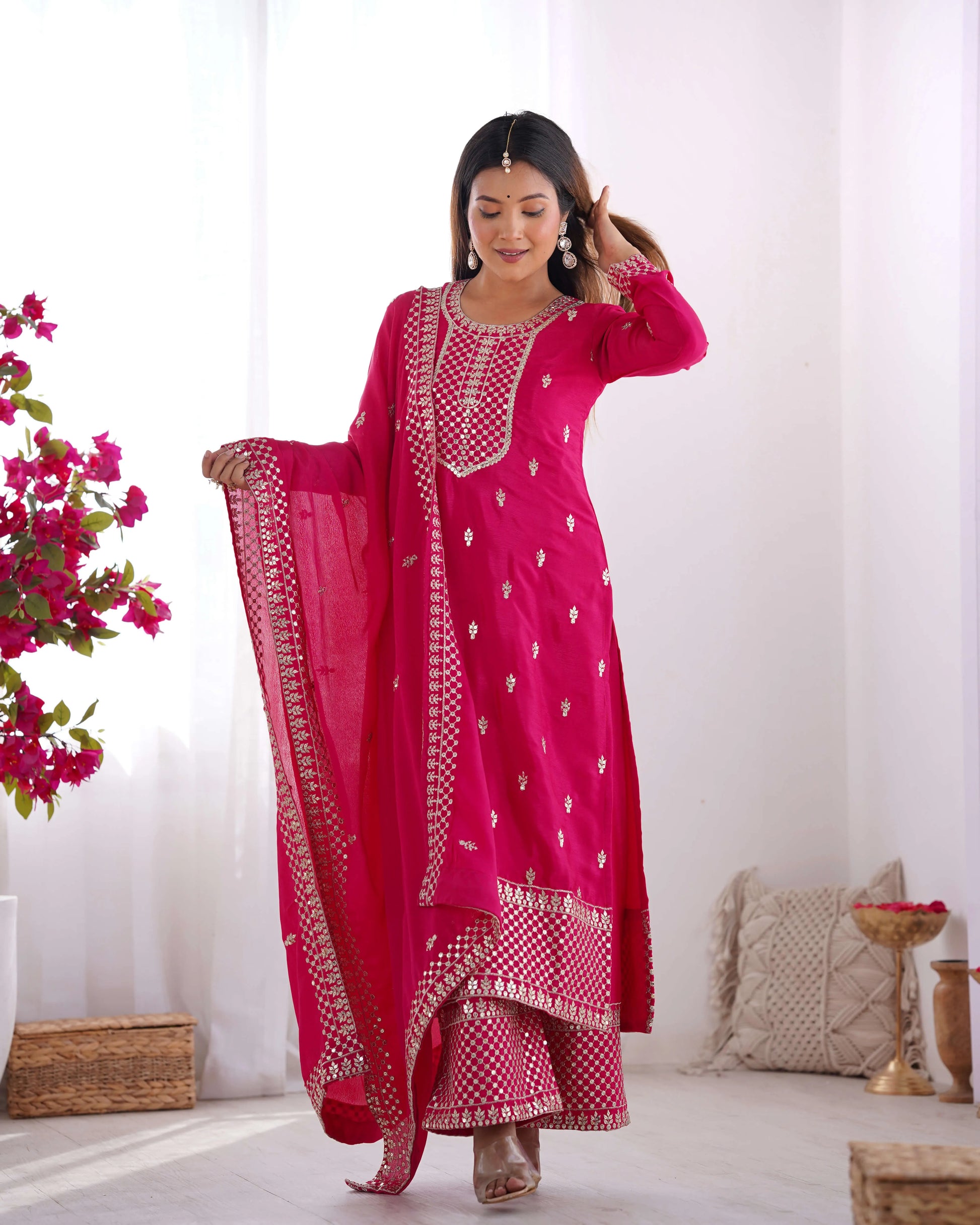 Chinon Silk Embroidered Kurta Set with Dupatta & Pant – Sequins and Jari Work