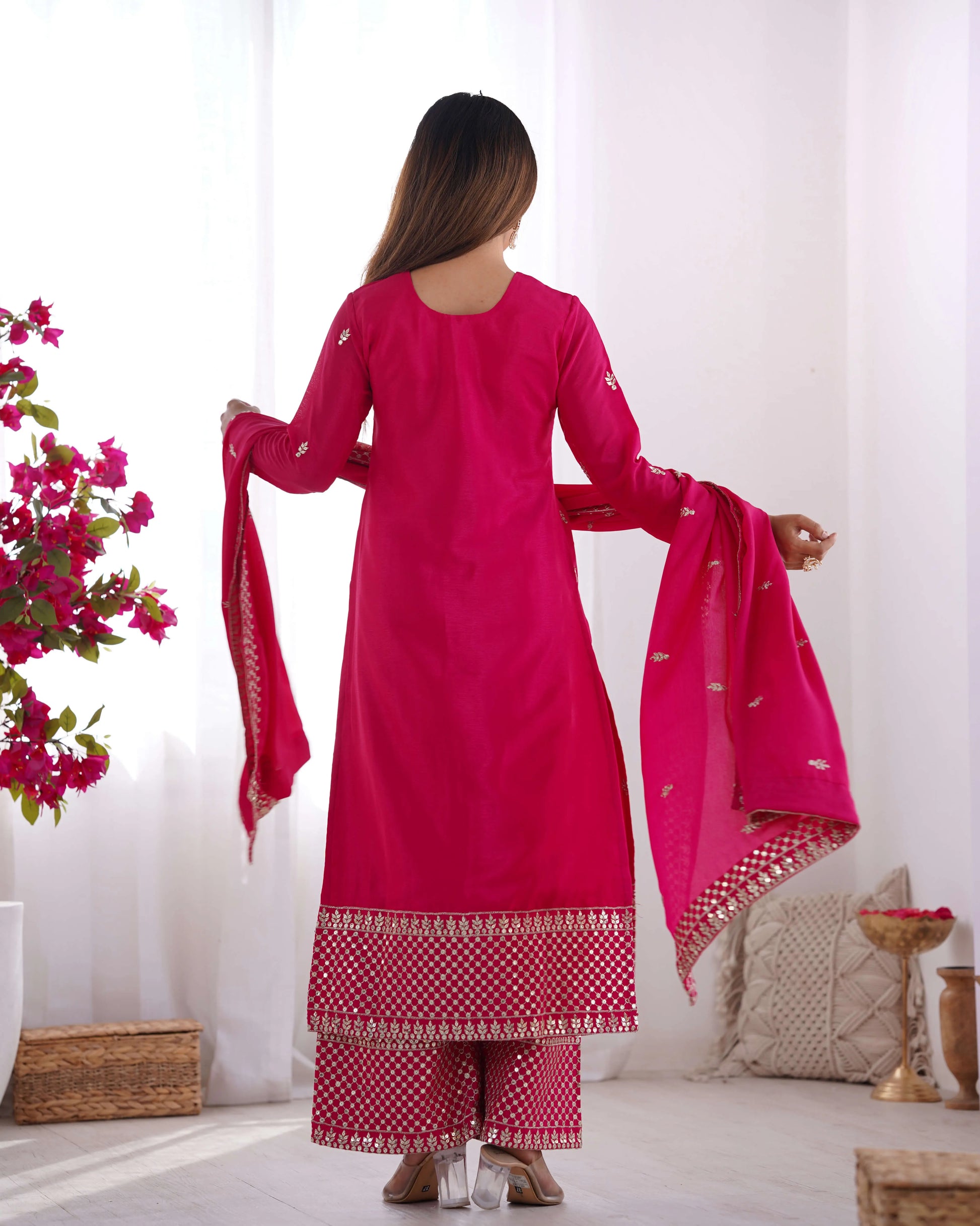 Chinon Silk Embroidered Kurta Set with Dupatta & Pant – Sequins and Jari Work