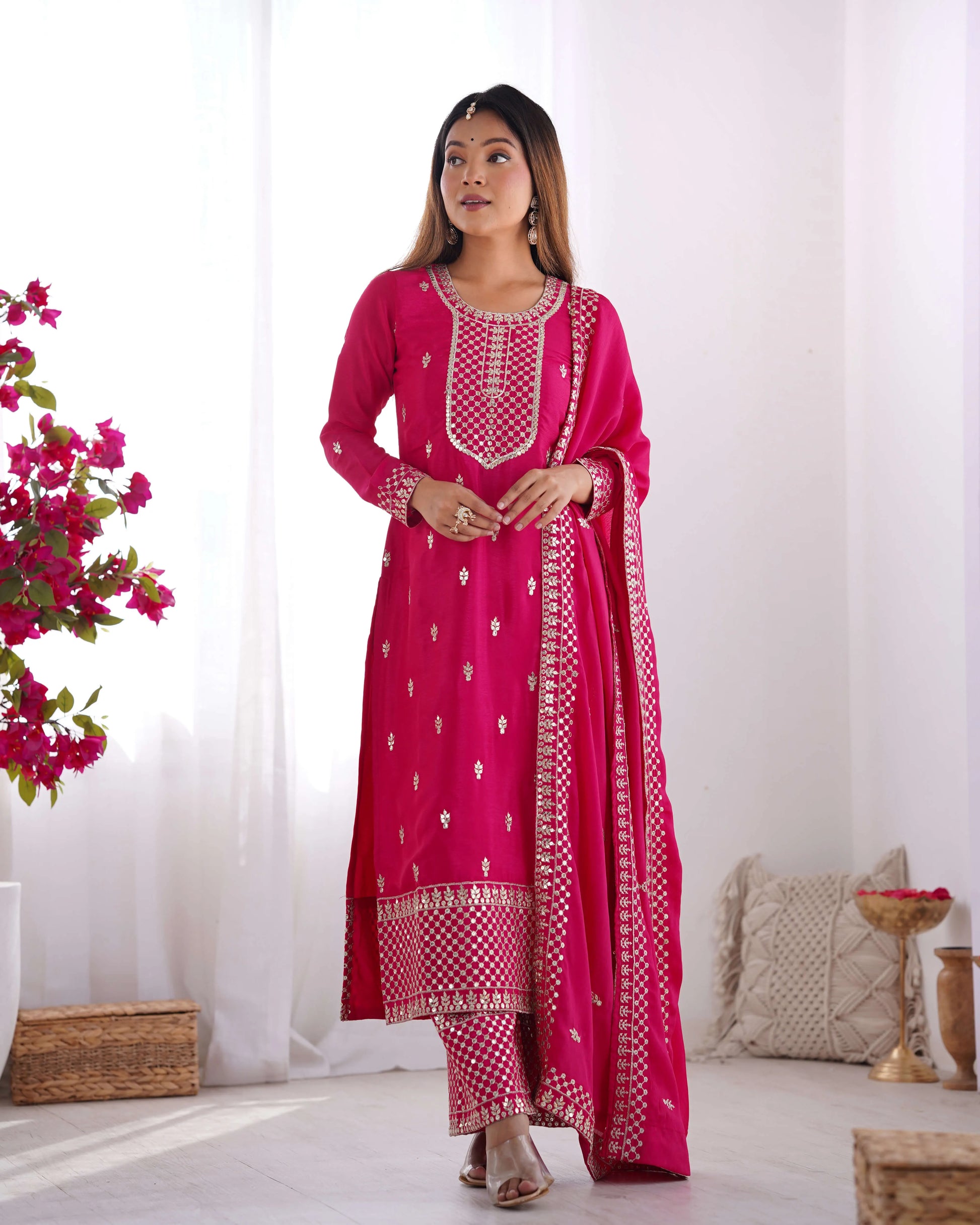 Chinon Silk Embroidered Kurta Set with Dupatta & Pant – Sequins and Jari Work