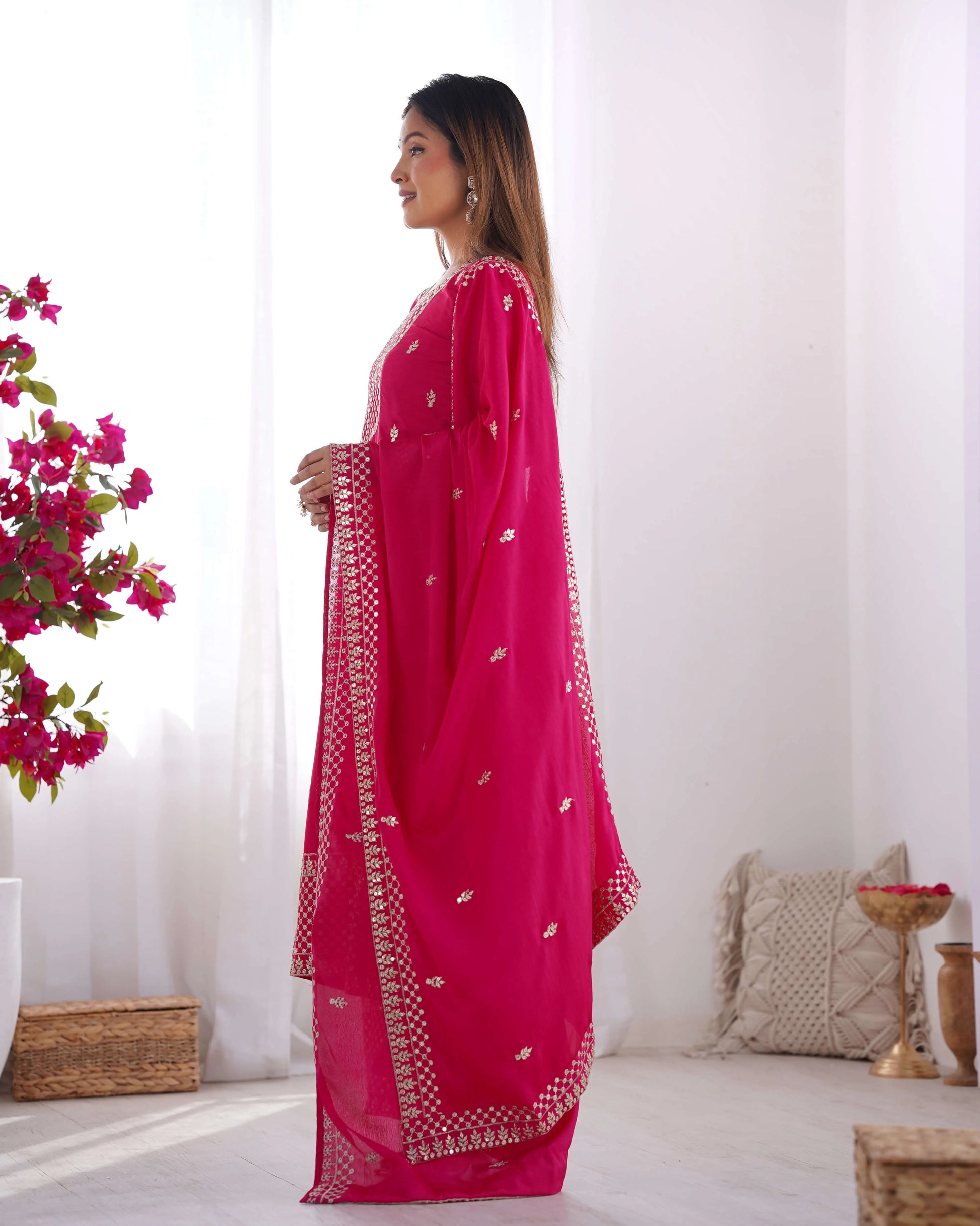 Chinon Silk Embroidered Kurta Set with Dupatta & Pant – Sequins and Jari Work