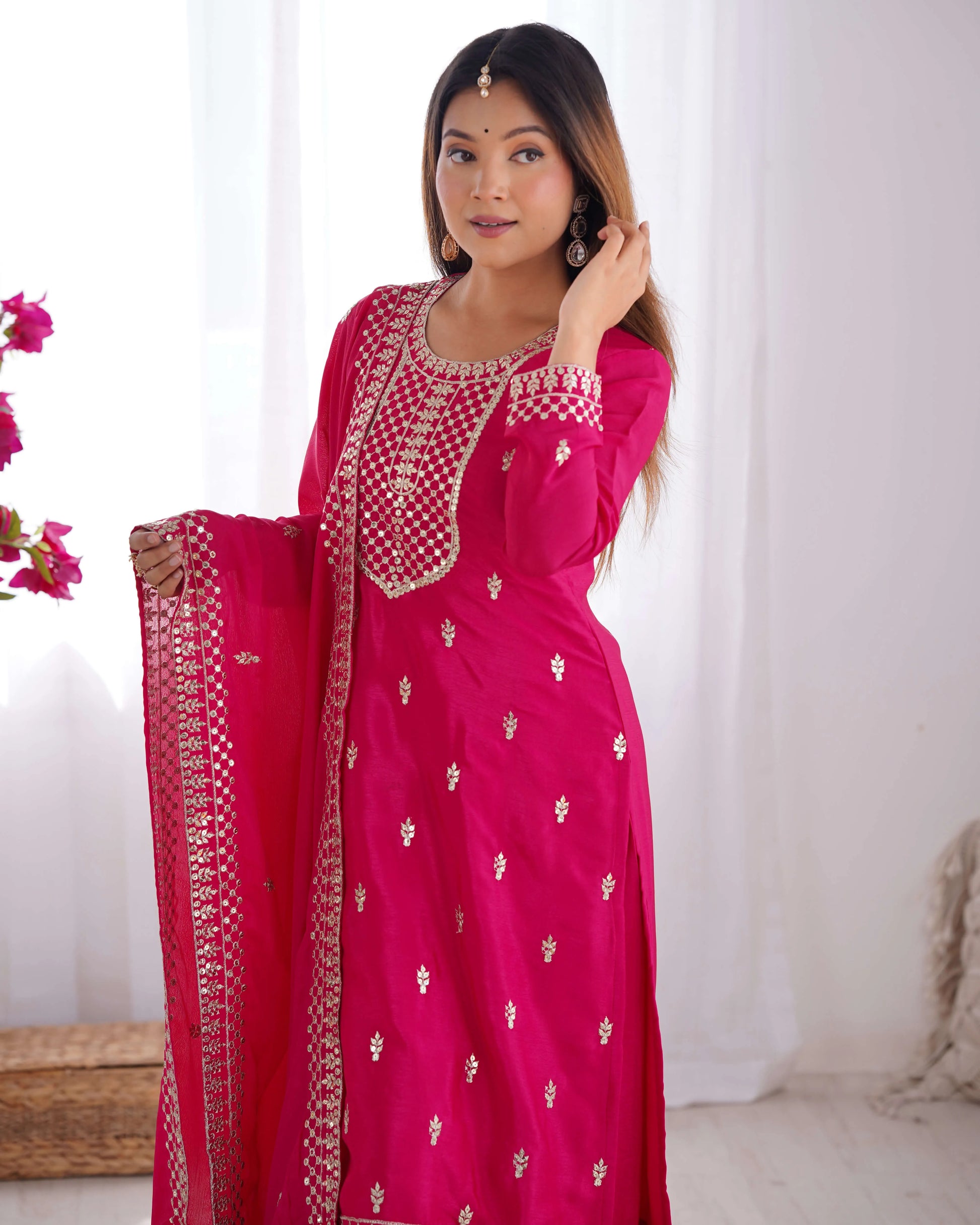 Chinon Silk Embroidered Kurta Set with Dupatta & Pant – Sequins and Jari Work