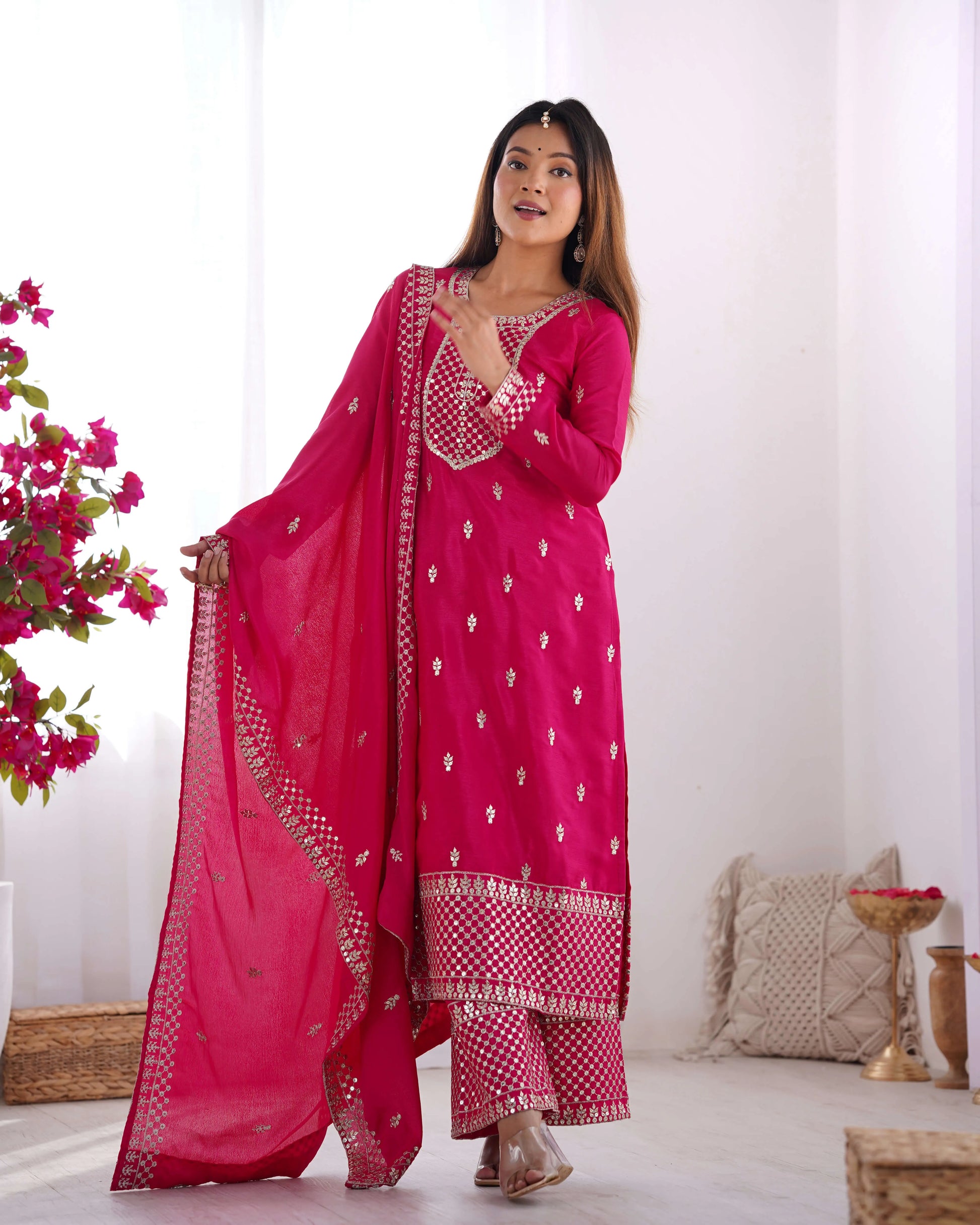 Chinon Silk Embroidered Kurta Set with Dupatta & Pant – Sequins and Jari Work
