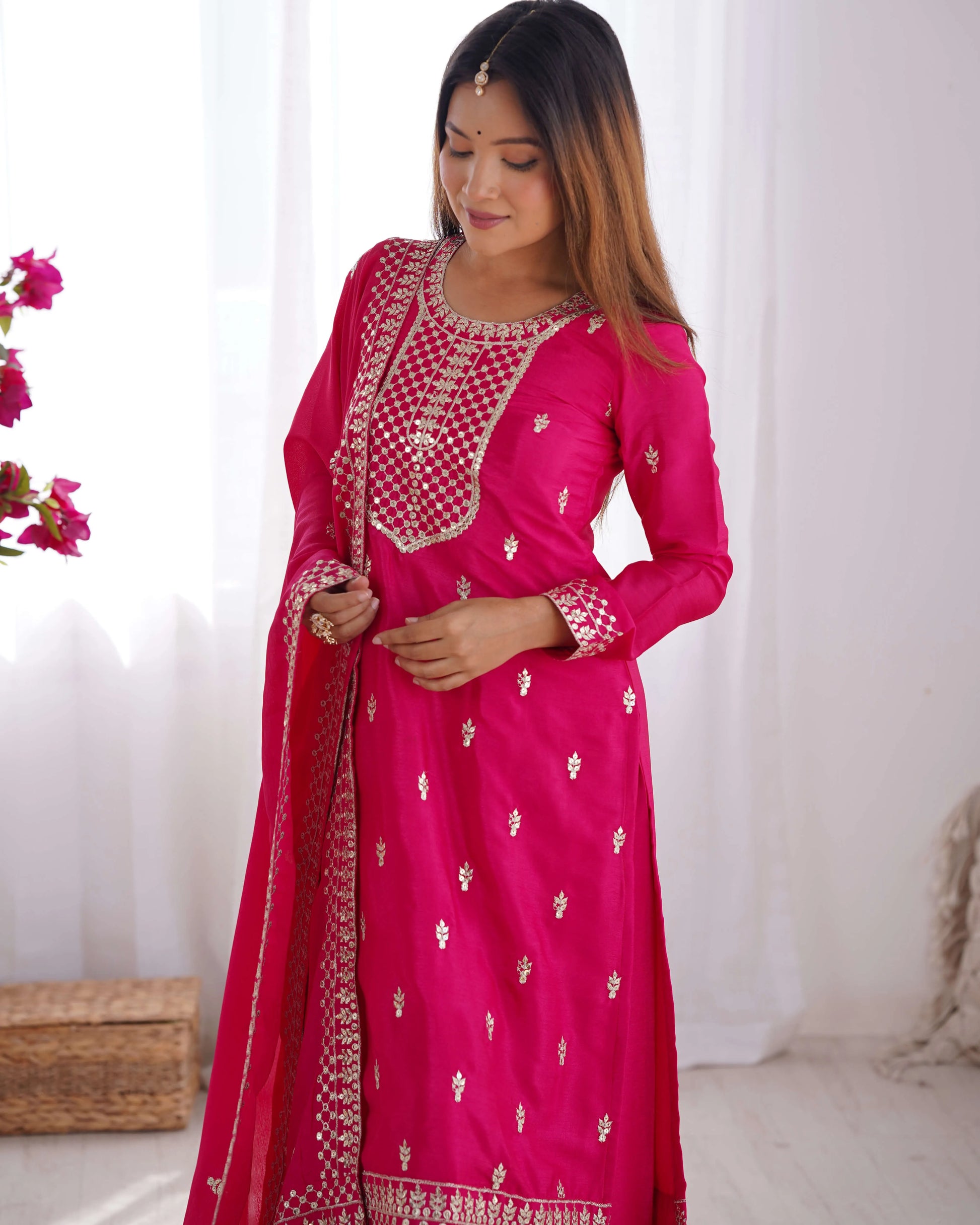 Chinon Silk Embroidered Kurta Set with Dupatta & Pant – Sequins and Jari Work