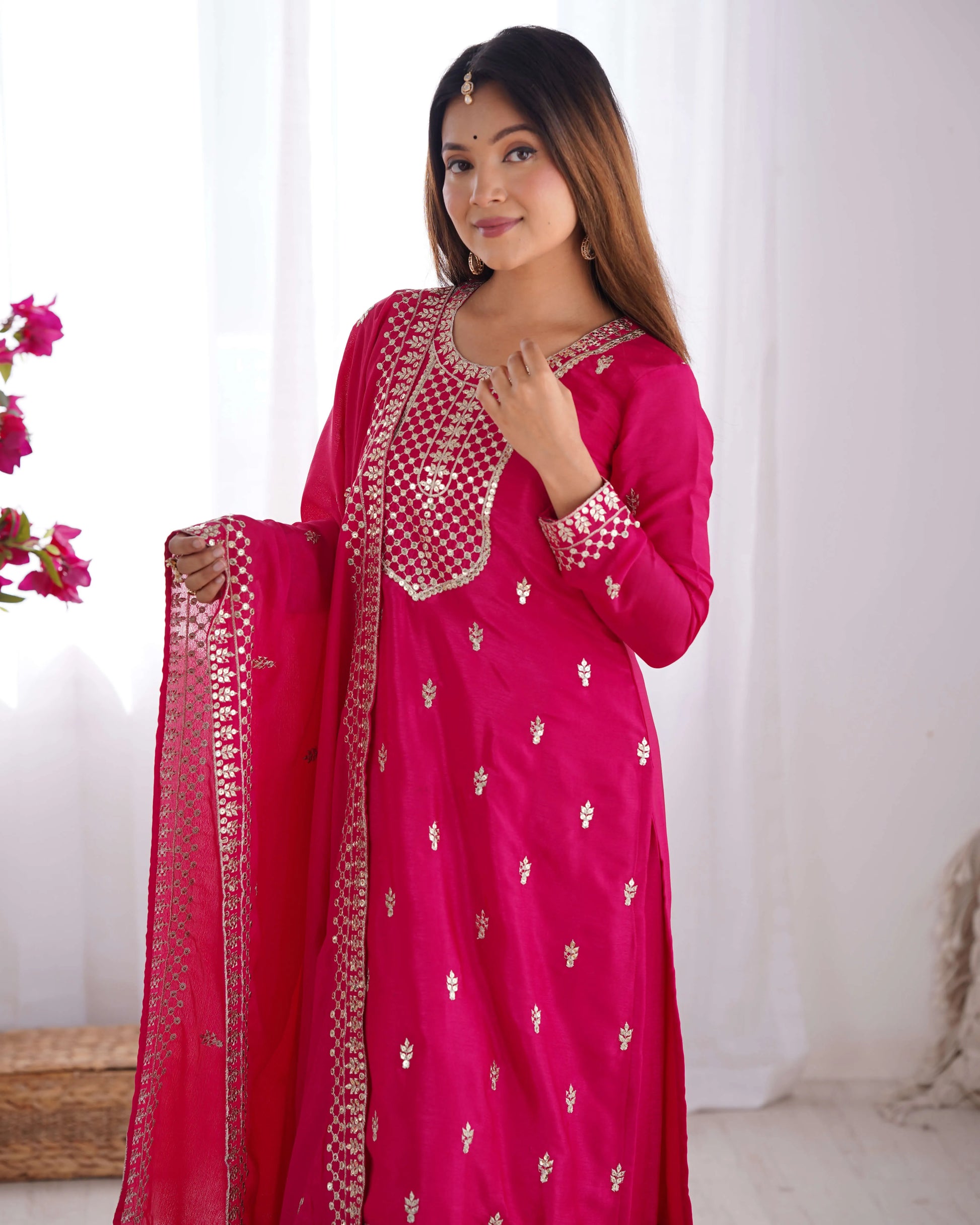 Chinon Silk Embroidered Kurta Set with Dupatta & Pant – Sequins and Jari Work