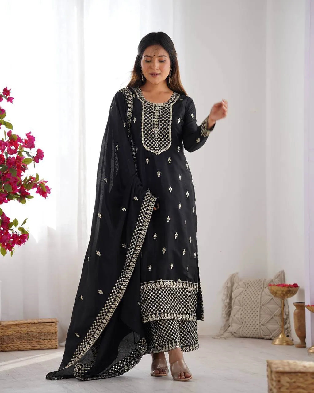 Chinon Silk Embroidered Kurta Set with Dupatta & Pant – Sequins and Jari Work