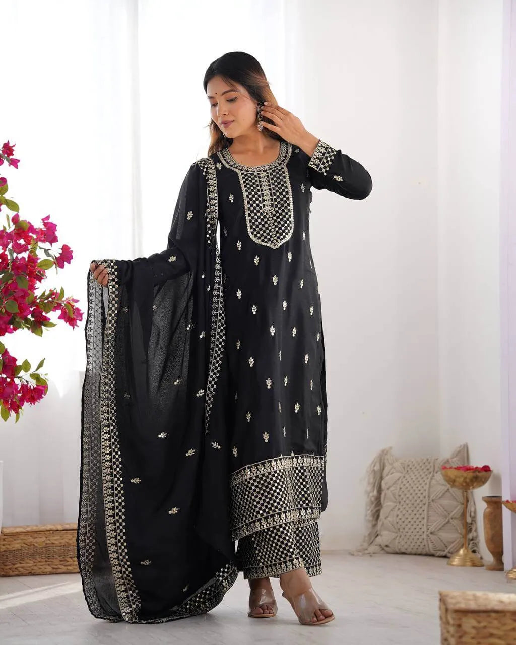 Chinon Silk Embroidered Kurta Set with Dupatta & Pant – Sequins and Jari Work