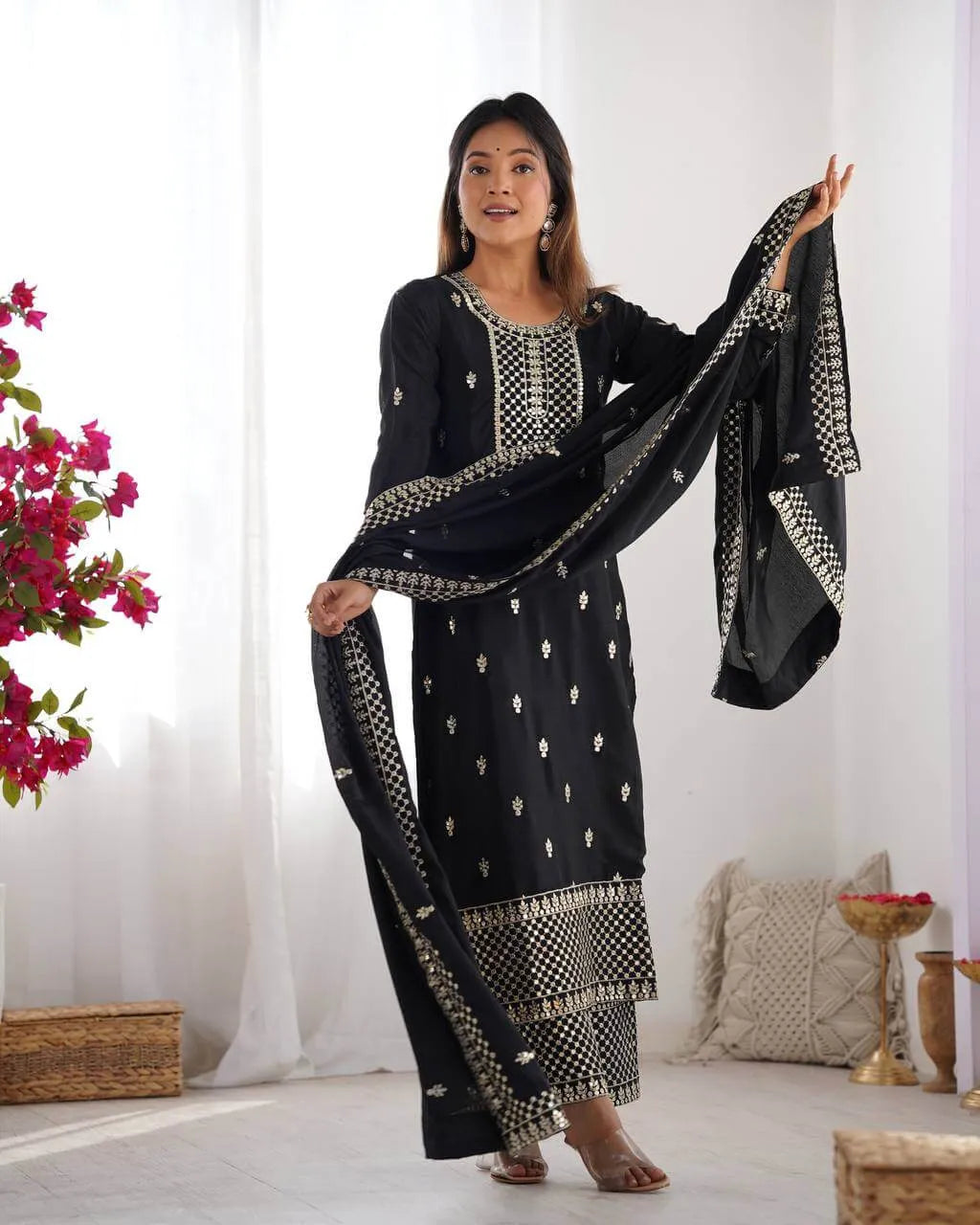 Chinon Silk Embroidered Kurta Set with Dupatta & Pant – Sequins and Jari Work