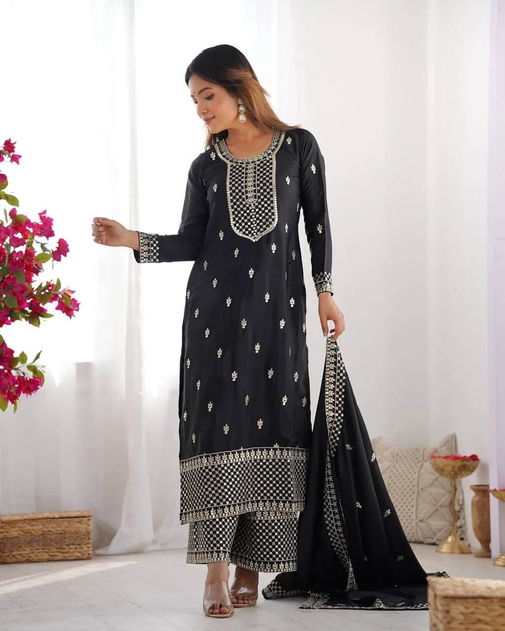 Chinon Silk Embroidered Kurta Set with Dupatta & Pant – Sequins and Jari Work