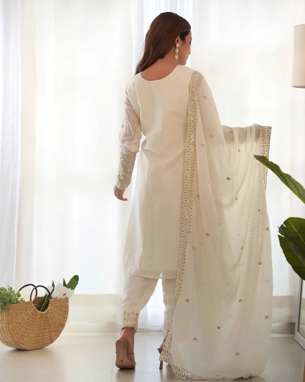Chinon Silk Embroidered Kurta Set with Dupatta & Pant – Sequins and Jari Work