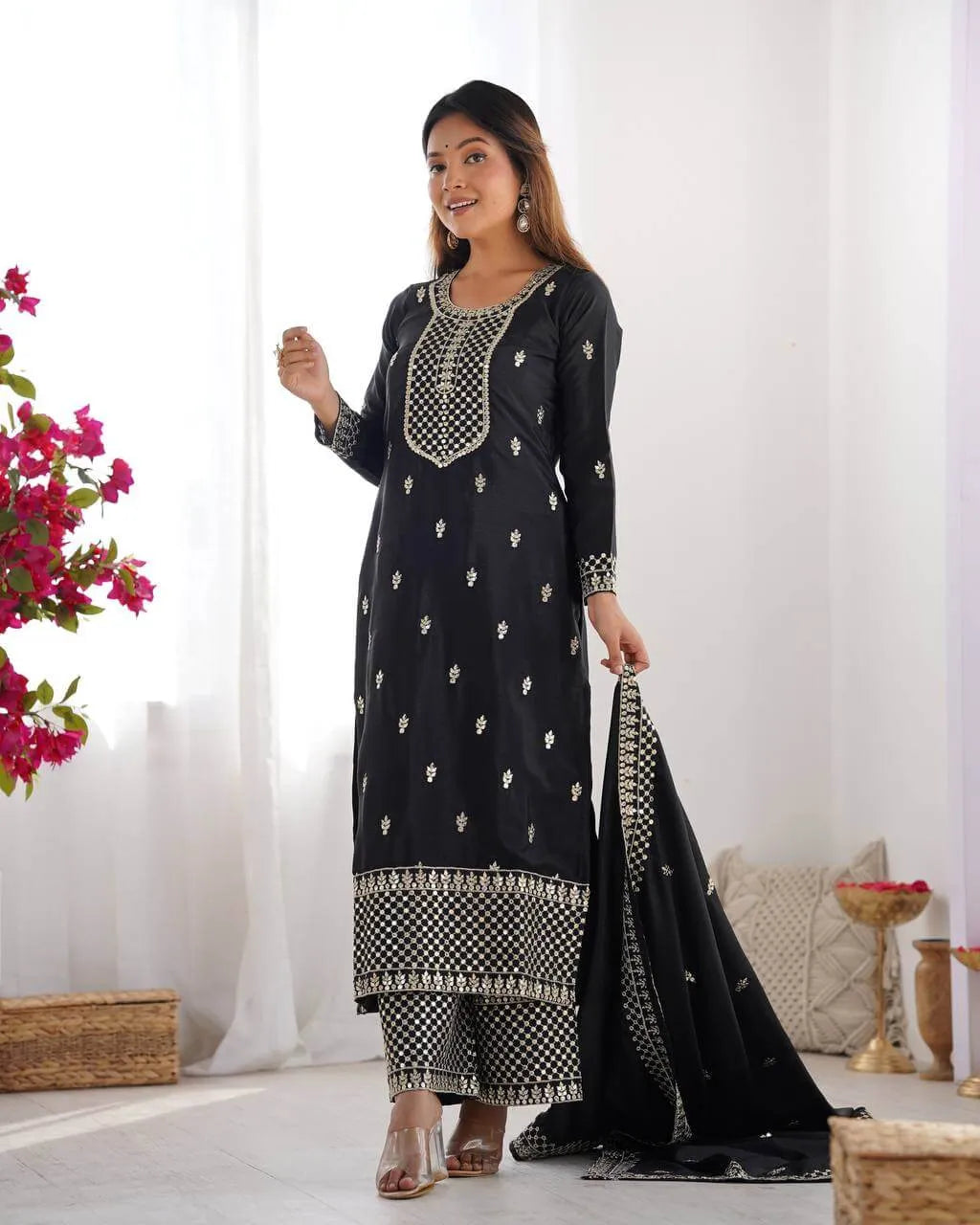 Chinon Silk Embroidered Kurta Set with Dupatta & Pant – Sequins and Jari Work