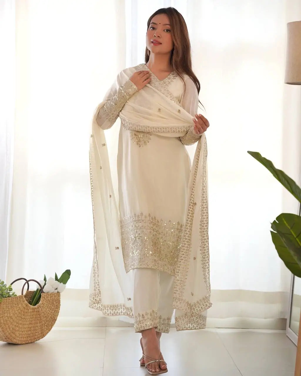 Chinon Silk Embroidered Kurta Set with Dupatta & Pant – Sequins and Jari Work