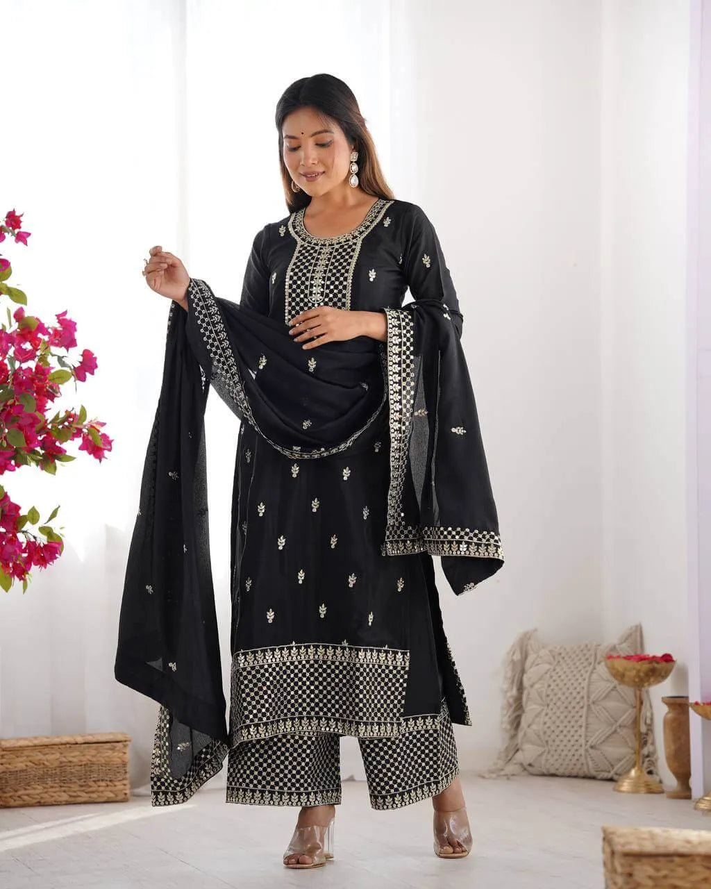 Chinon Silk Embroidered Kurta Set with Dupatta & Pant – Sequins and Jari Work