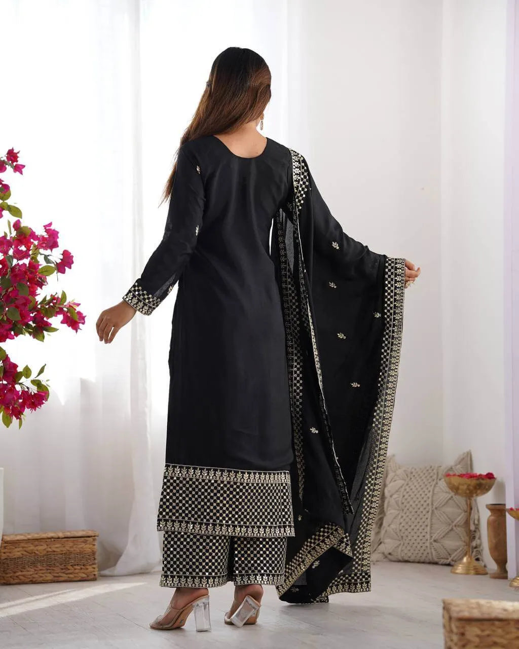 Chinon Silk Embroidered Kurta Set with Dupatta & Pant – Sequins and Jari Work