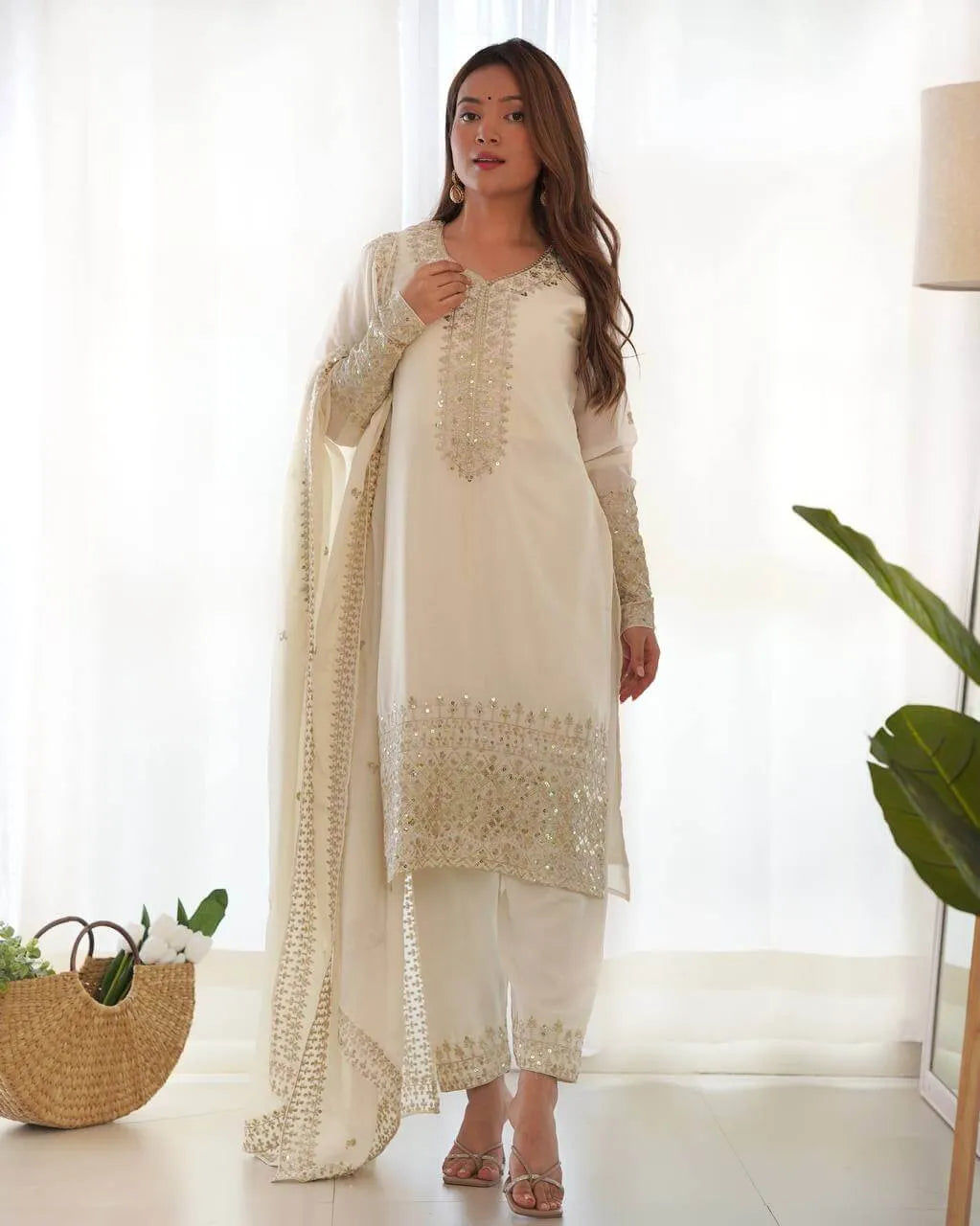 Chinon Silk Embroidered Kurta Set with Dupatta & Pant – Sequins and Jari Work