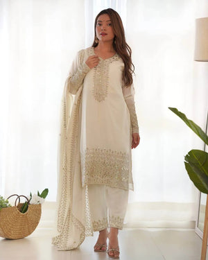 Chinon Silk Embroidered Kurta Set with Dupatta & Pant – Sequins and Jari Work