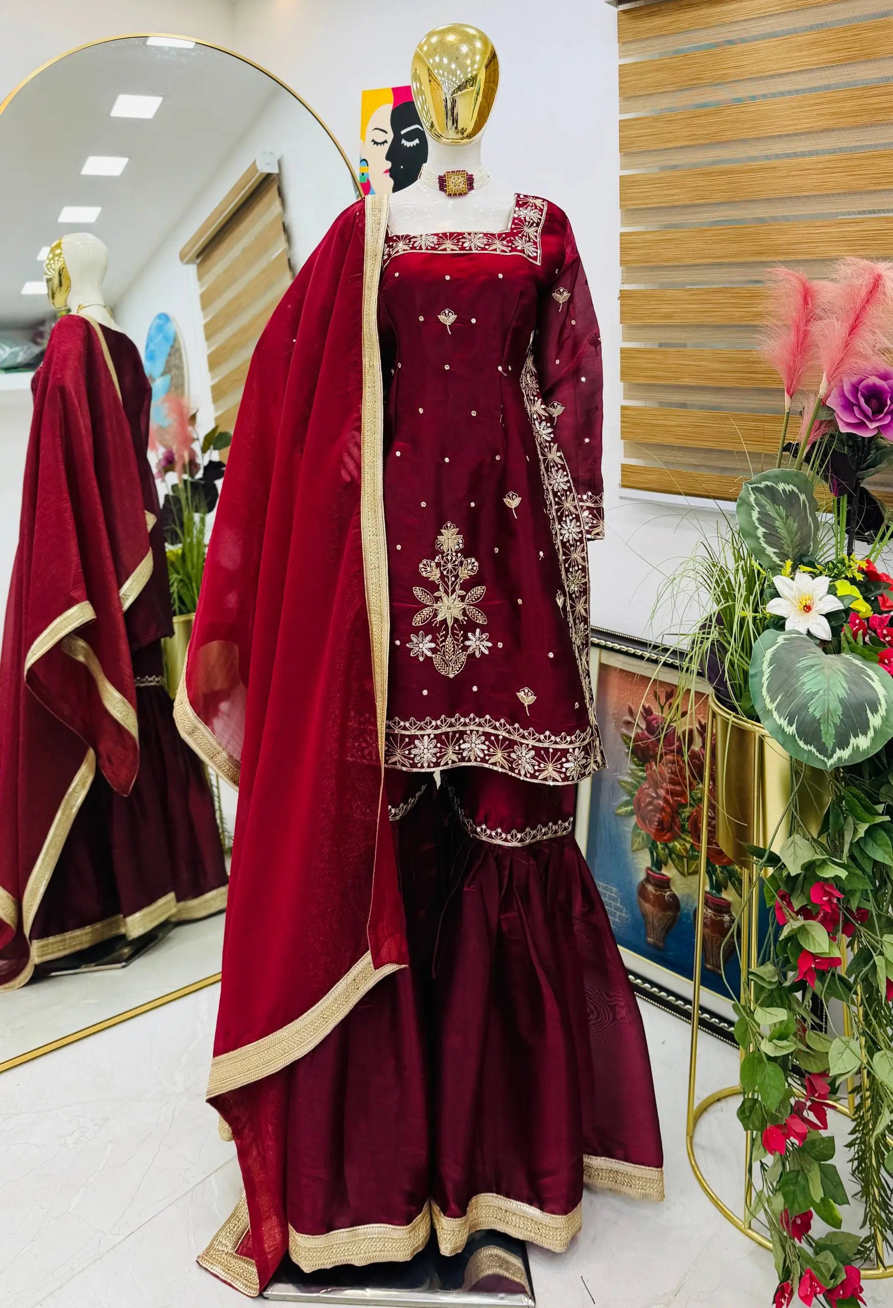 Chinon Silk Embroidered Kurti Palazzo Set with Dupatta
