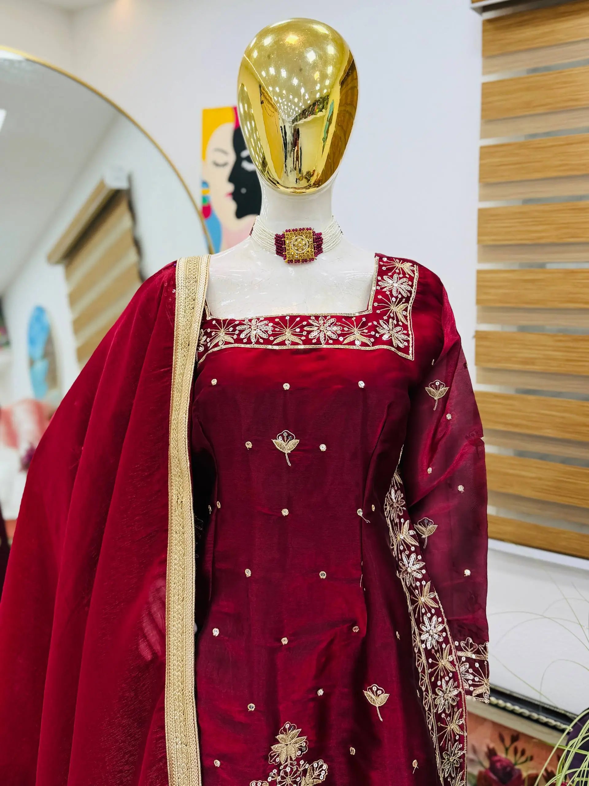 Chinon Silk Embroidered Kurti Palazzo Set with Dupatta