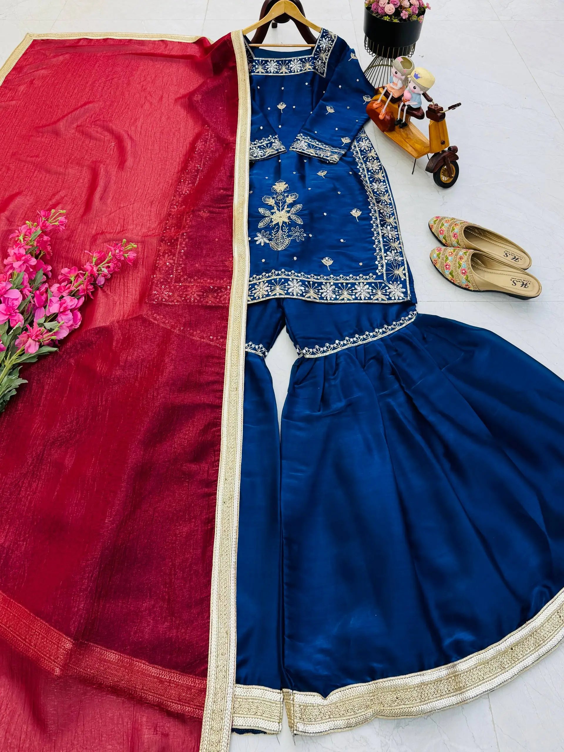 Chinon Silk Embroidered Kurti Palazzo Set with Dupatta
