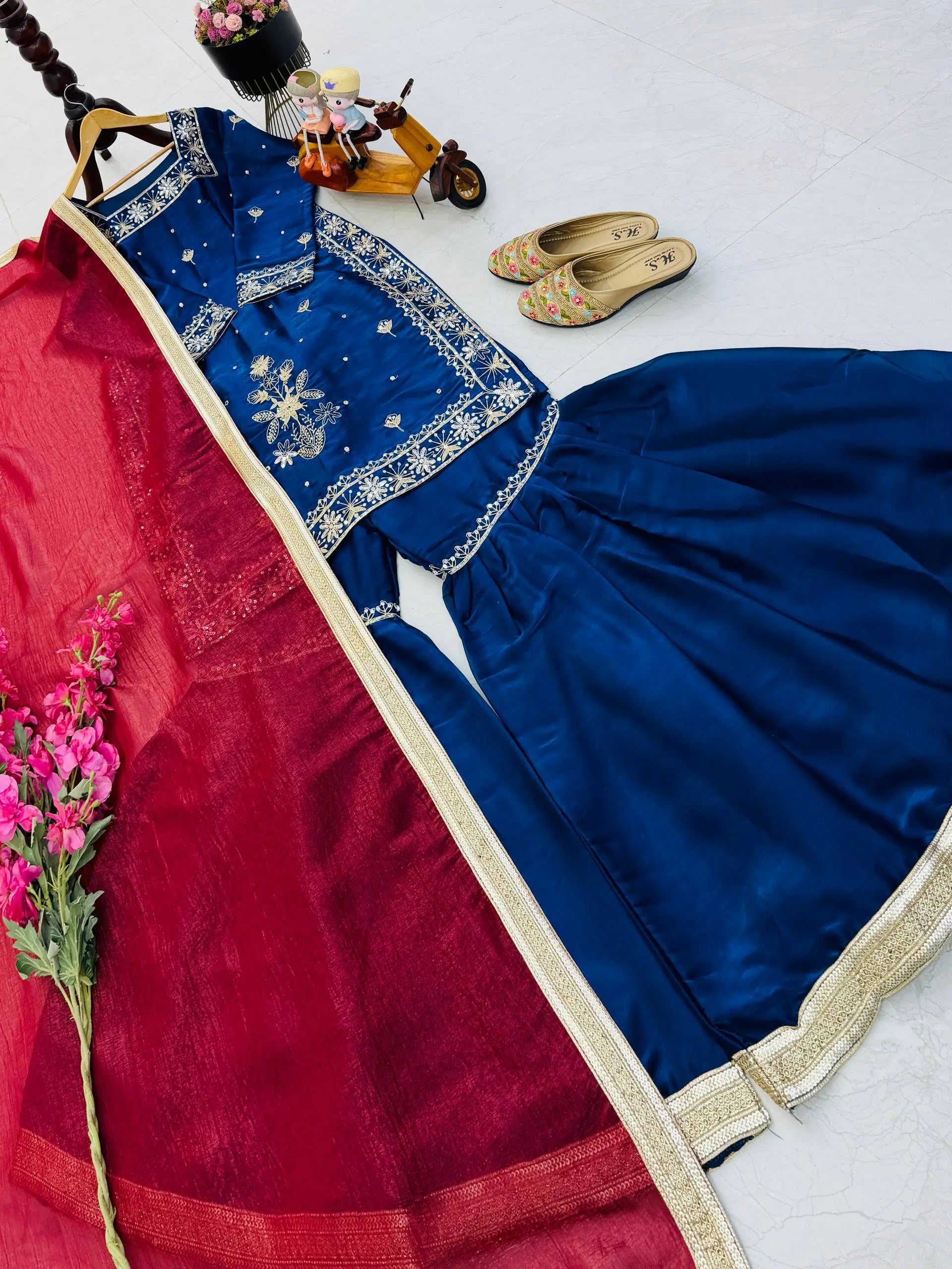Chinon Silk Embroidered Kurti Palazzo Set with Dupatta