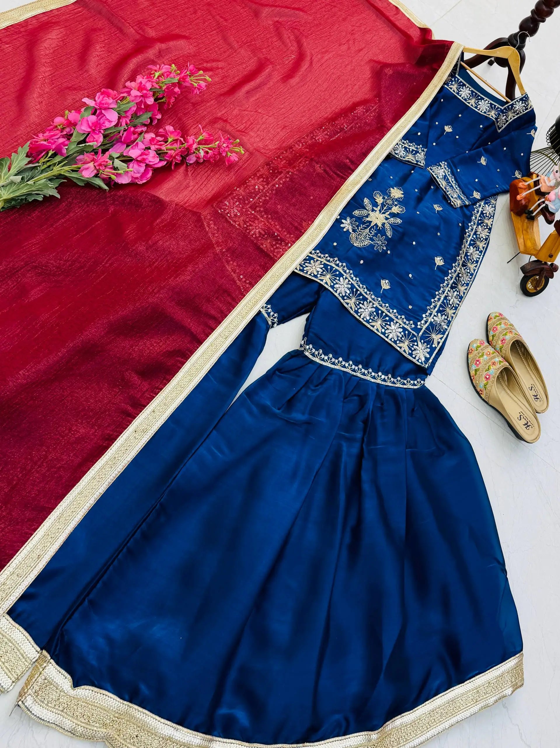 Chinon Silk Embroidered Kurti Palazzo Set with Dupatta