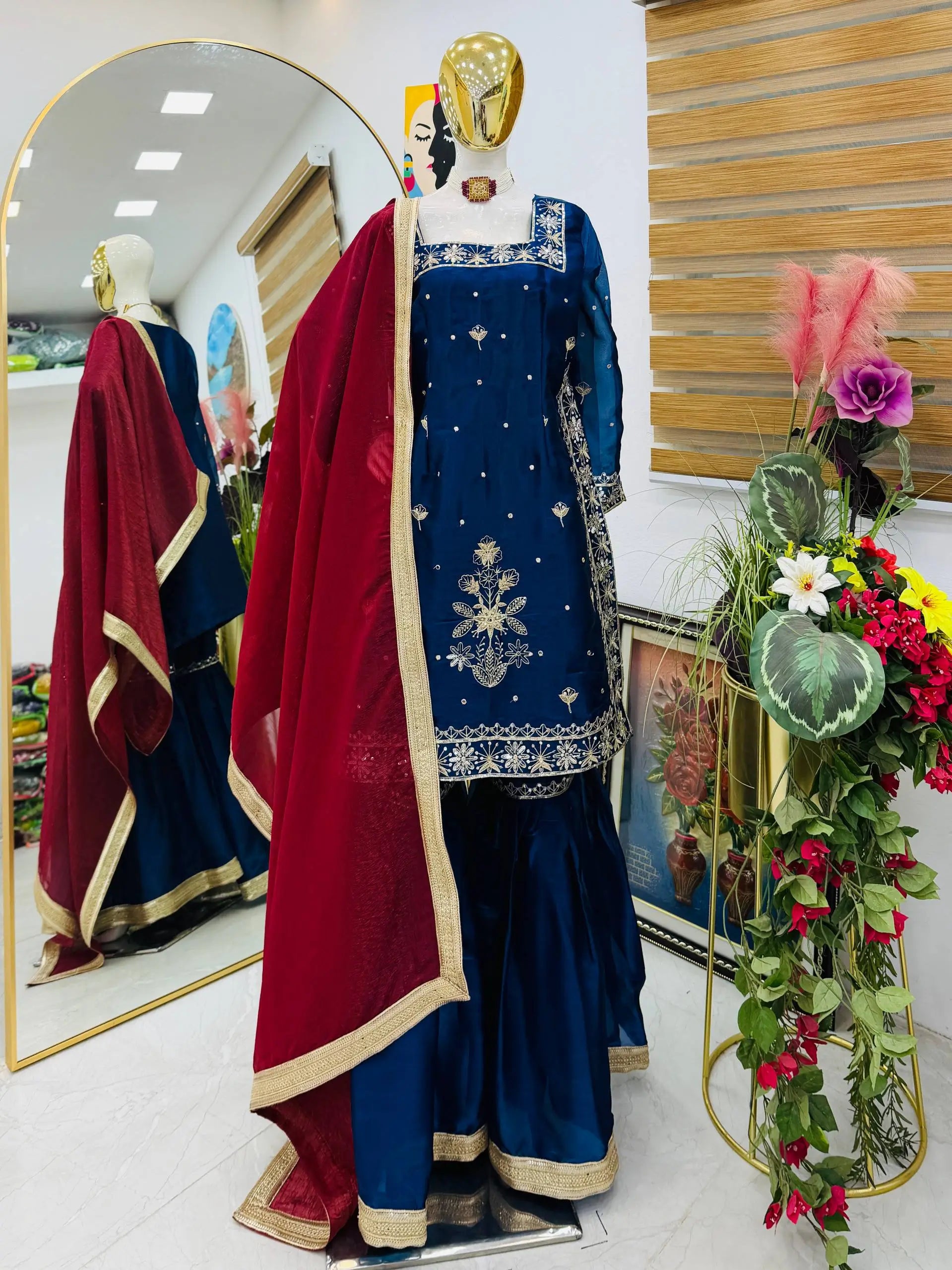 Chinon Silk Embroidered Kurti Palazzo Set with Dupatta