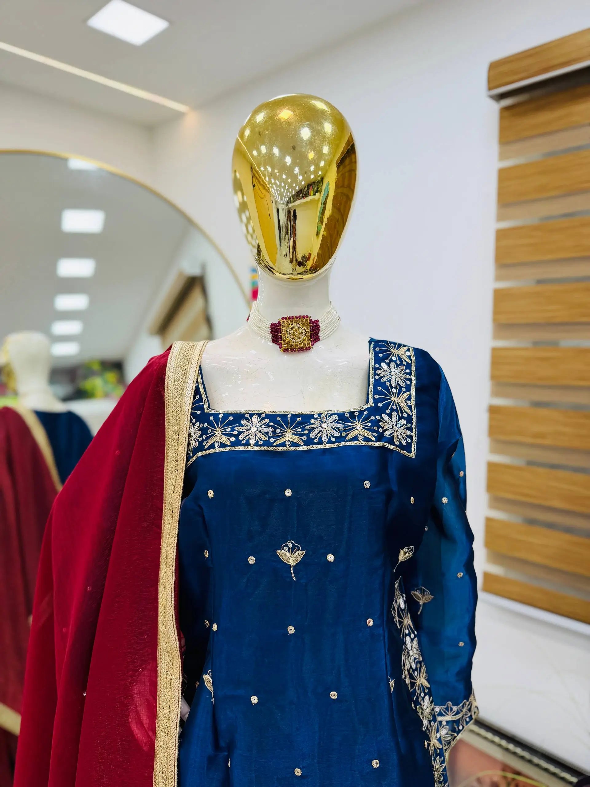 Chinon Silk Embroidered Kurti Palazzo Set with Dupatta