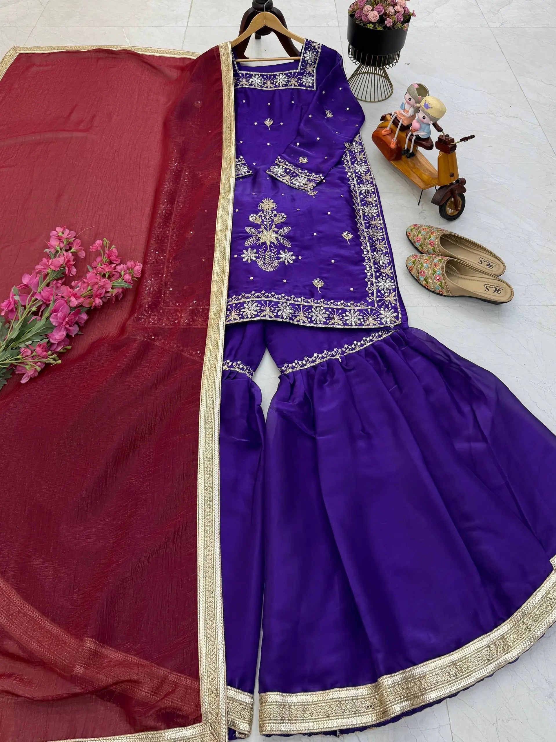 Chinon Silk Embroidered Kurti Palazzo Set with Dupatta
