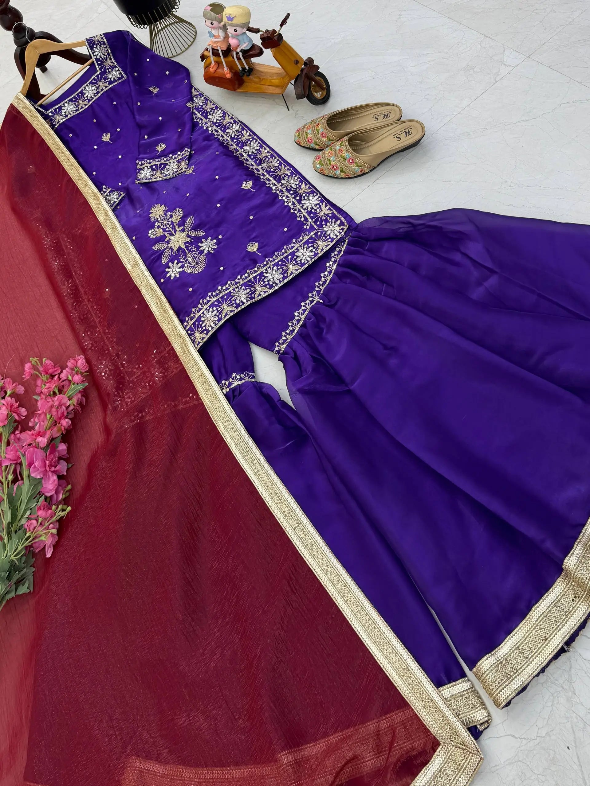 Chinon Silk Embroidered Kurti Palazzo Set with Dupatta