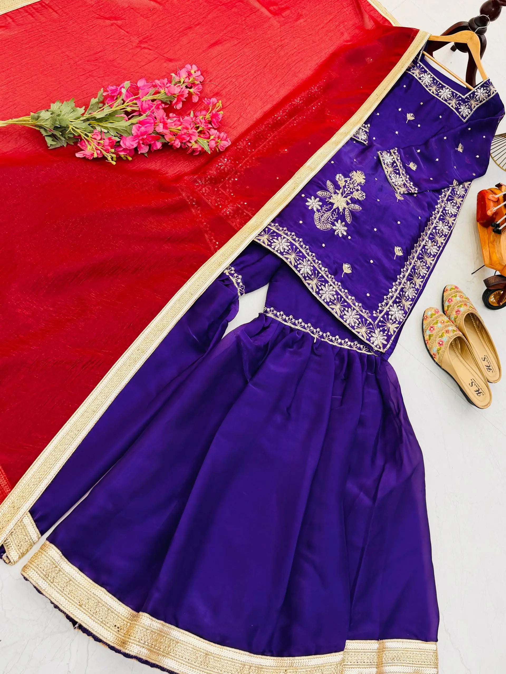 Chinon Silk Embroidered Kurti Palazzo Set with Dupatta