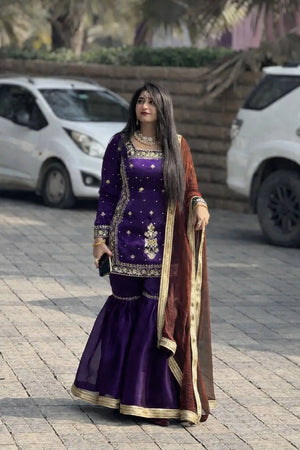 Chinon Silk Embroidered Kurti Palazzo Set with Dupatta