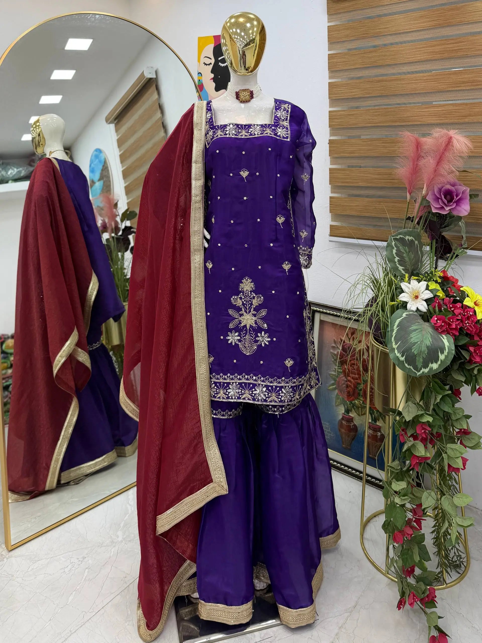 Chinon Silk Embroidered Kurti Palazzo Set with Dupatta