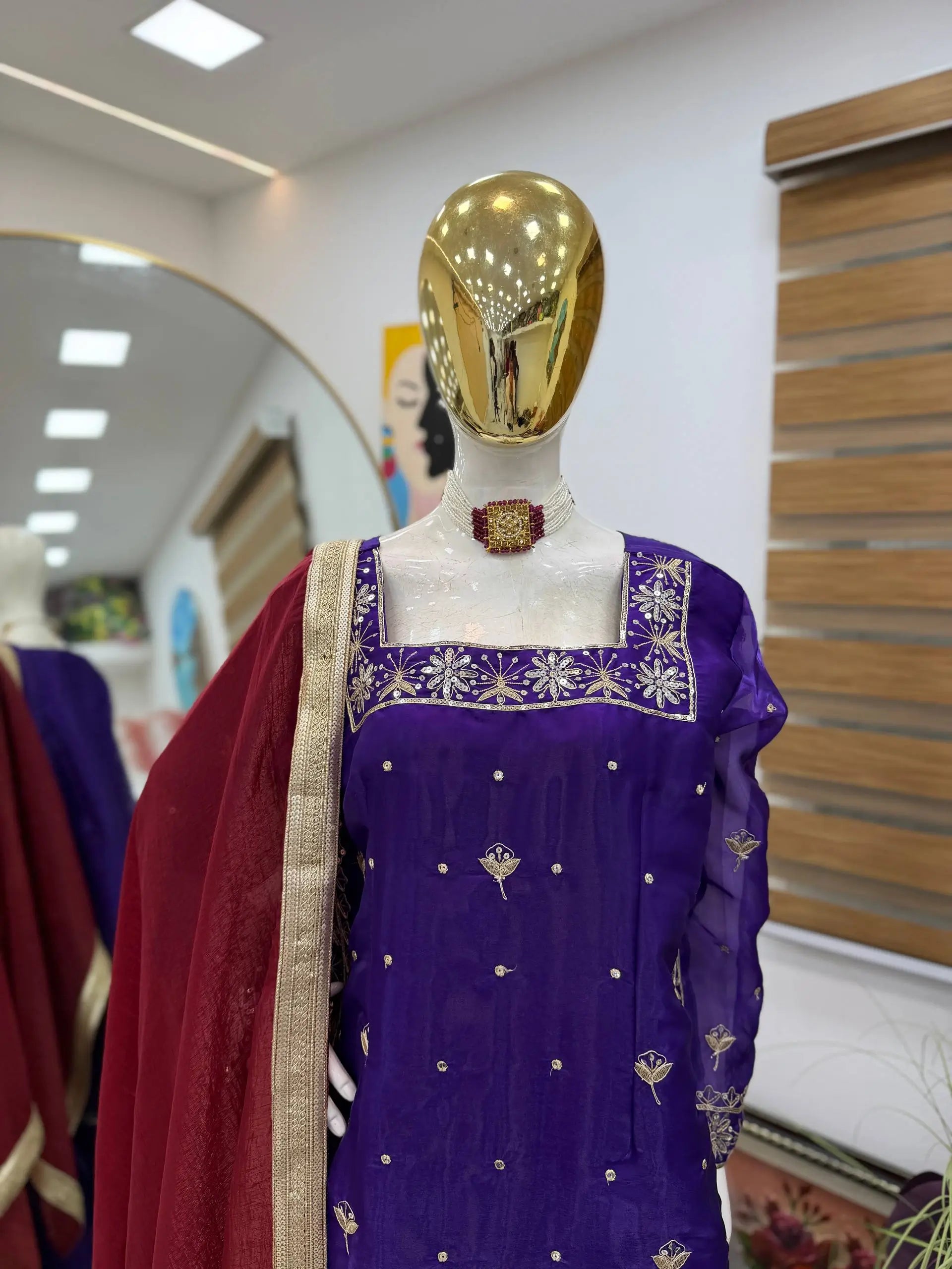 Chinon Silk Embroidered Kurti Palazzo Set with Dupatta
