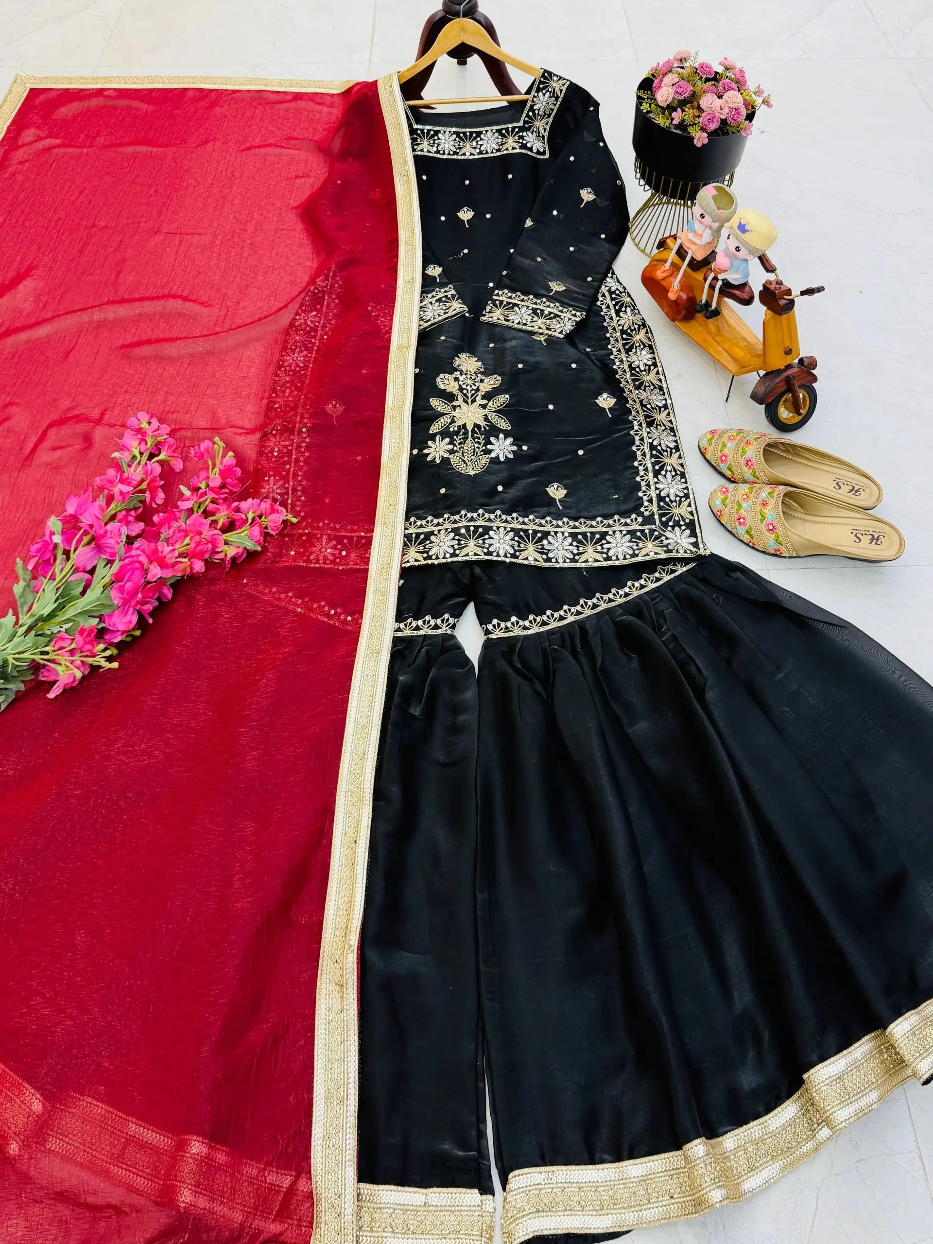 Chinon Silk Embroidered Kurti Palazzo Set with Dupatta