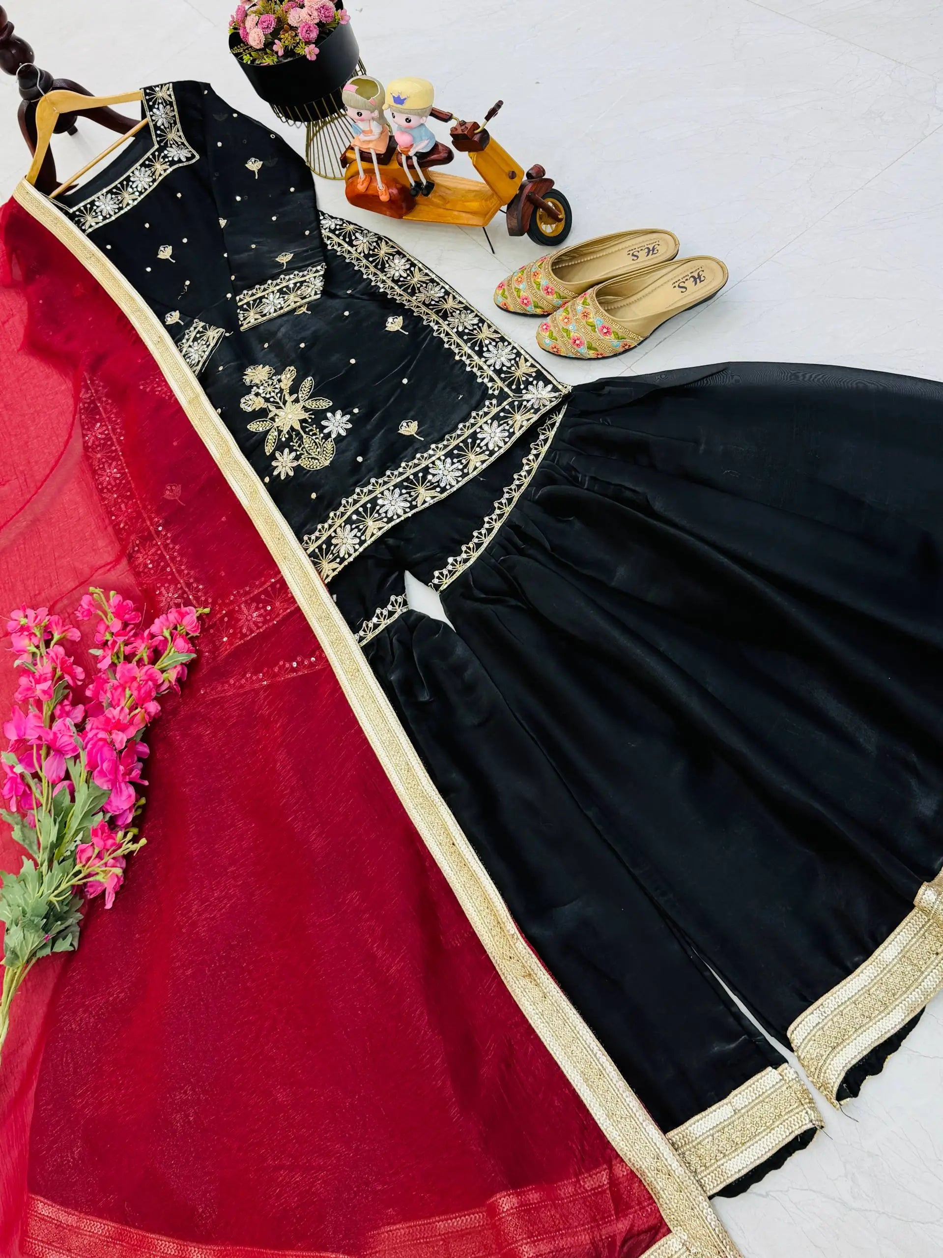 Chinon Silk Embroidered Kurti Palazzo Set with Dupatta
