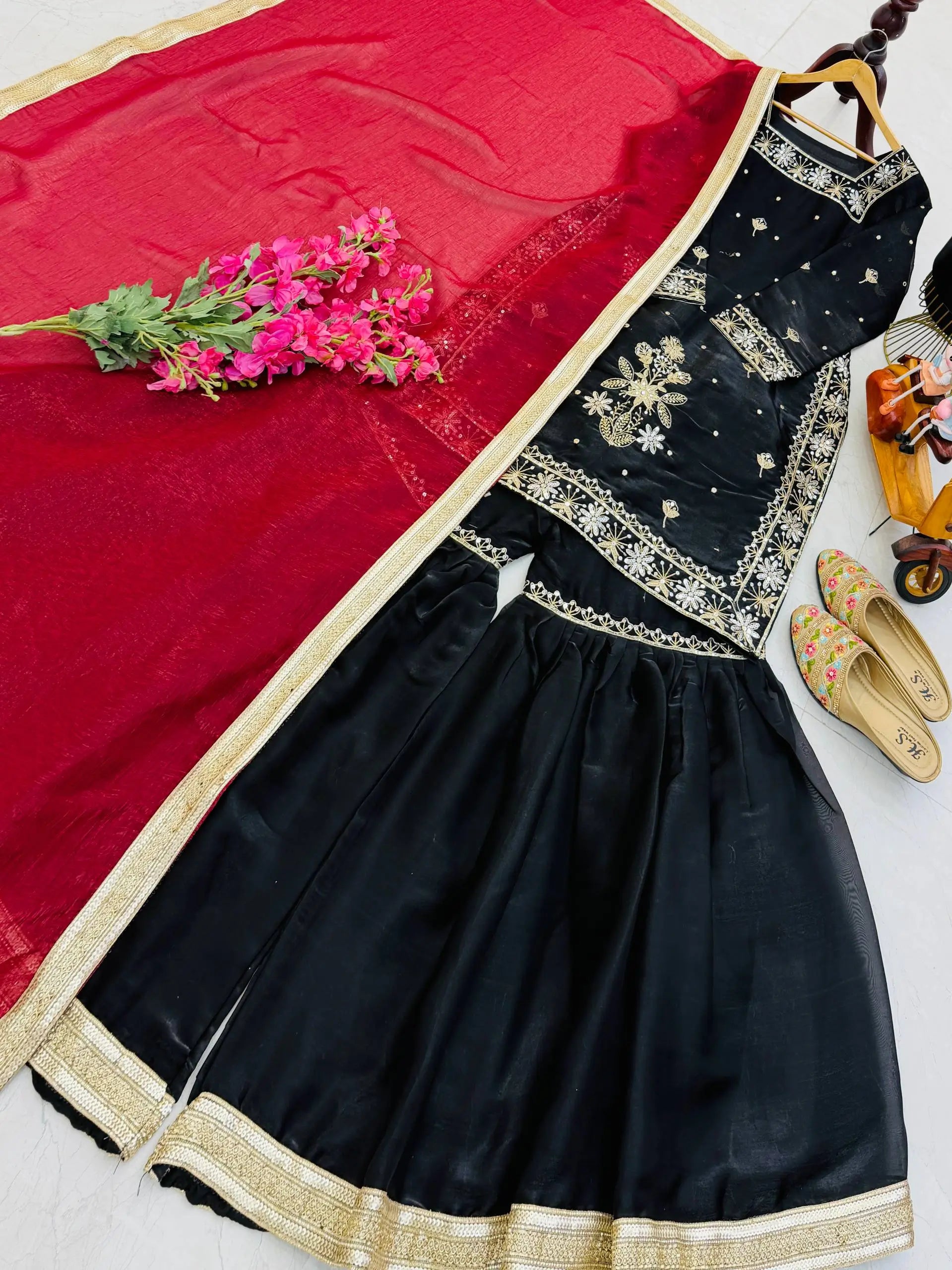 Chinon Silk Embroidered Kurti Palazzo Set with Dupatta