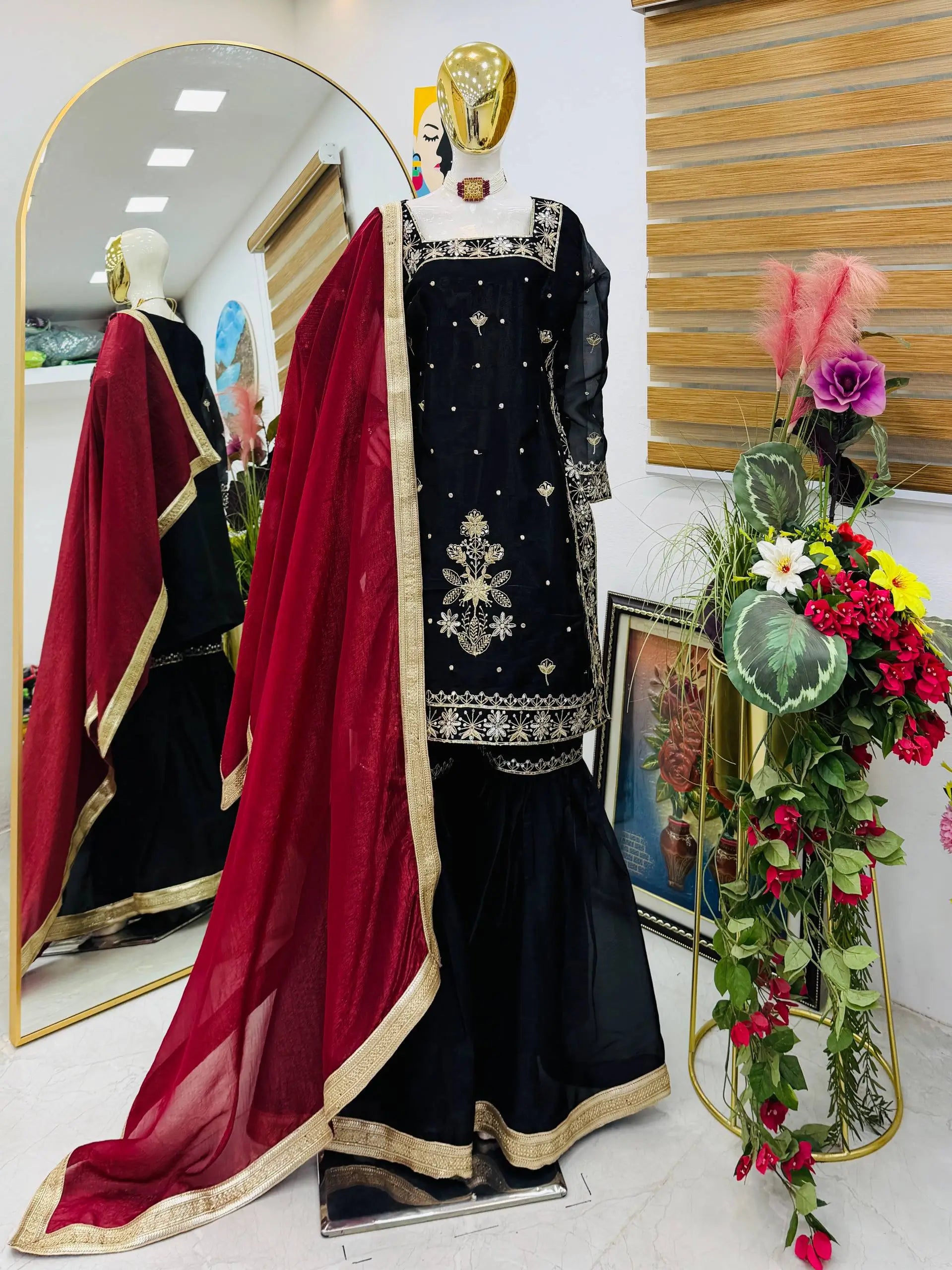 Chinon Silk Embroidered Kurti Palazzo Set with Dupatta