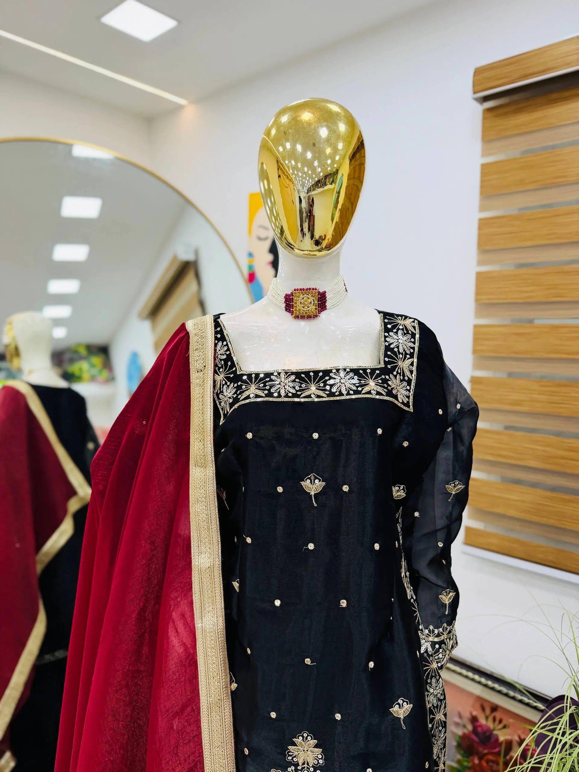 Chinon Silk Embroidered Kurti Palazzo Set with Dupatta