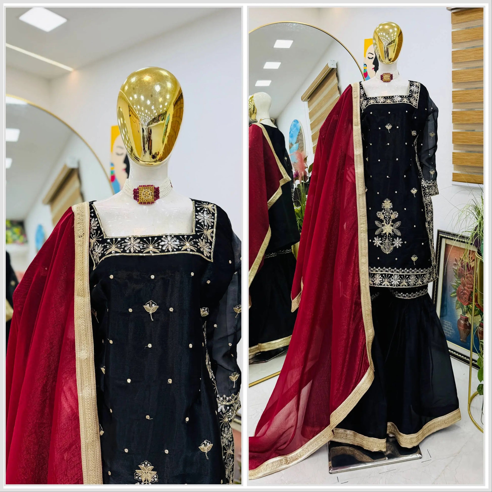 Chinon Silk Embroidered Kurti Palazzo Set with Dupatta