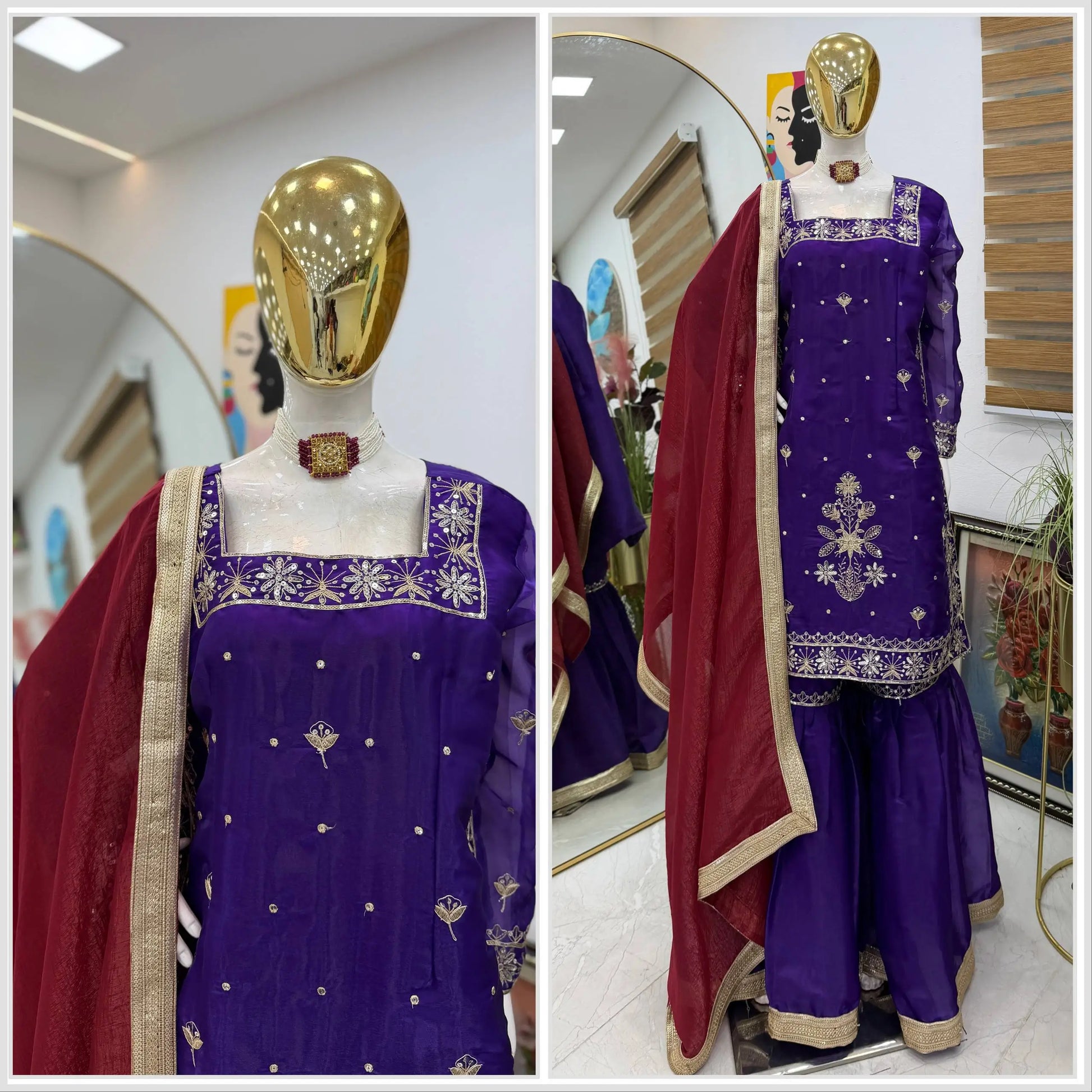 Chinon Silk Embroidered Kurti Palazzo Set with Dupatta