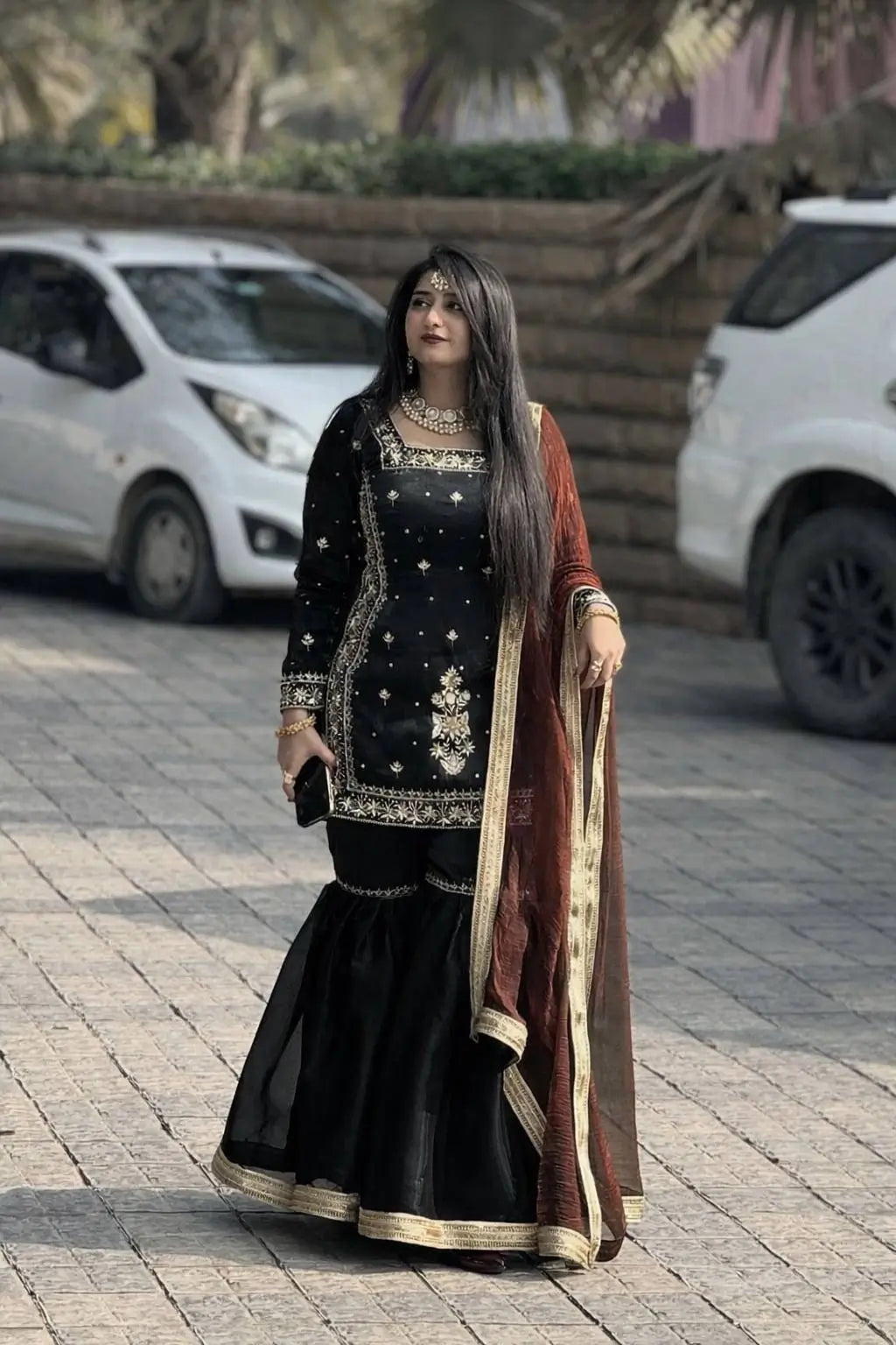 Chinon Silk Embroidered Kurti Palazzo Set with Dupatta