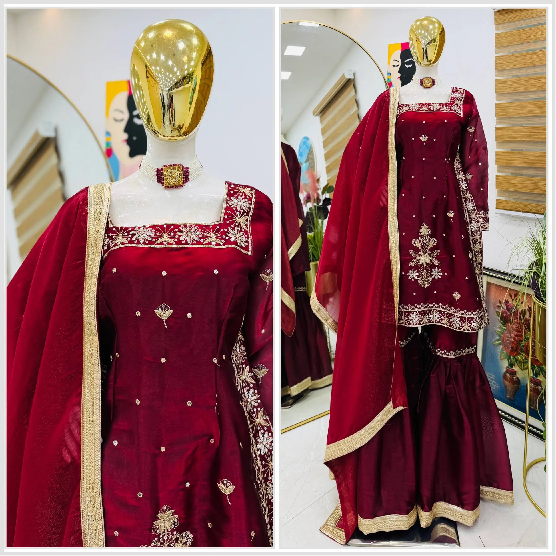Chinon Silk Embroidered Kurti Palazzo Set with Dupatta